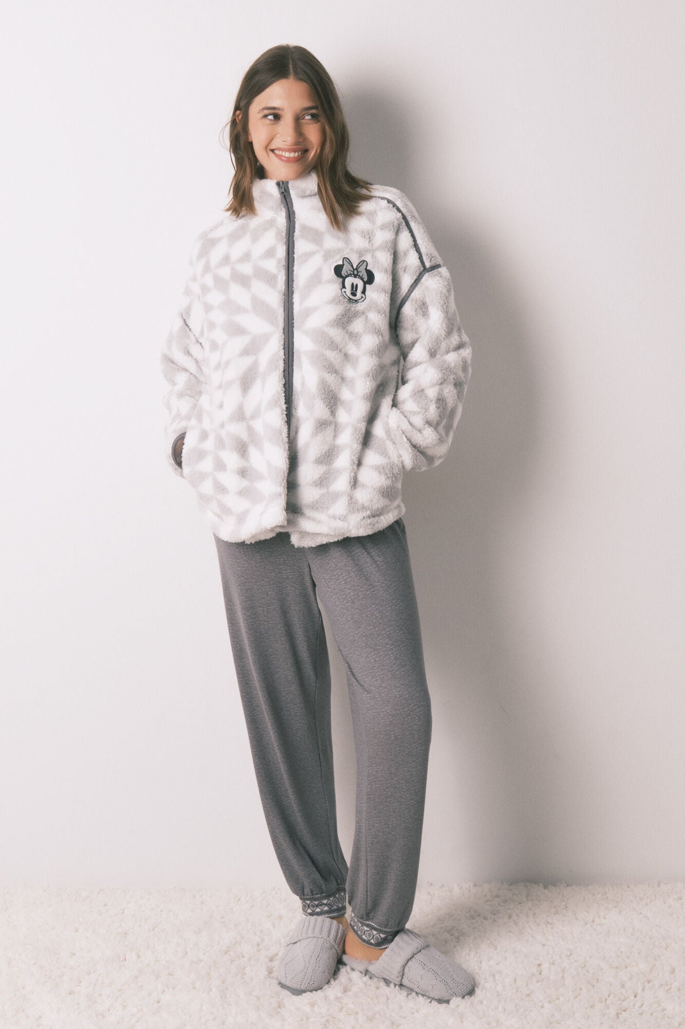 Minnie printed short fur robe