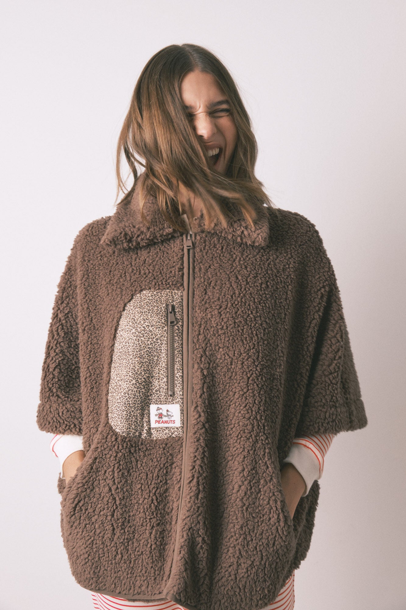 Snoopy Brown Fleece Poncho Short Robe