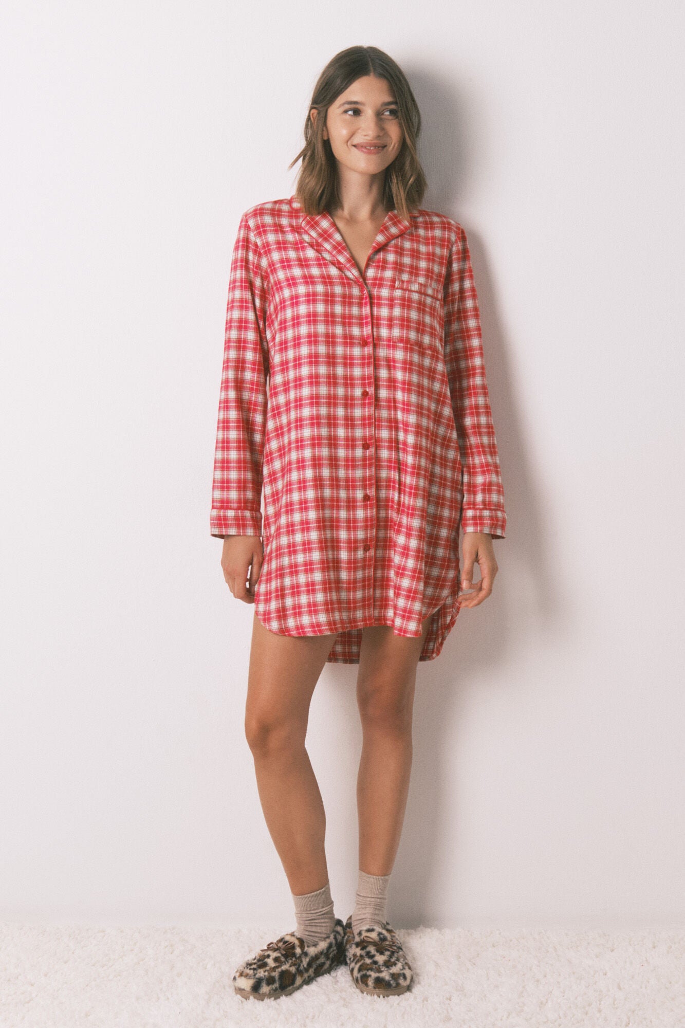 Red plaid print cotton midi nightgown