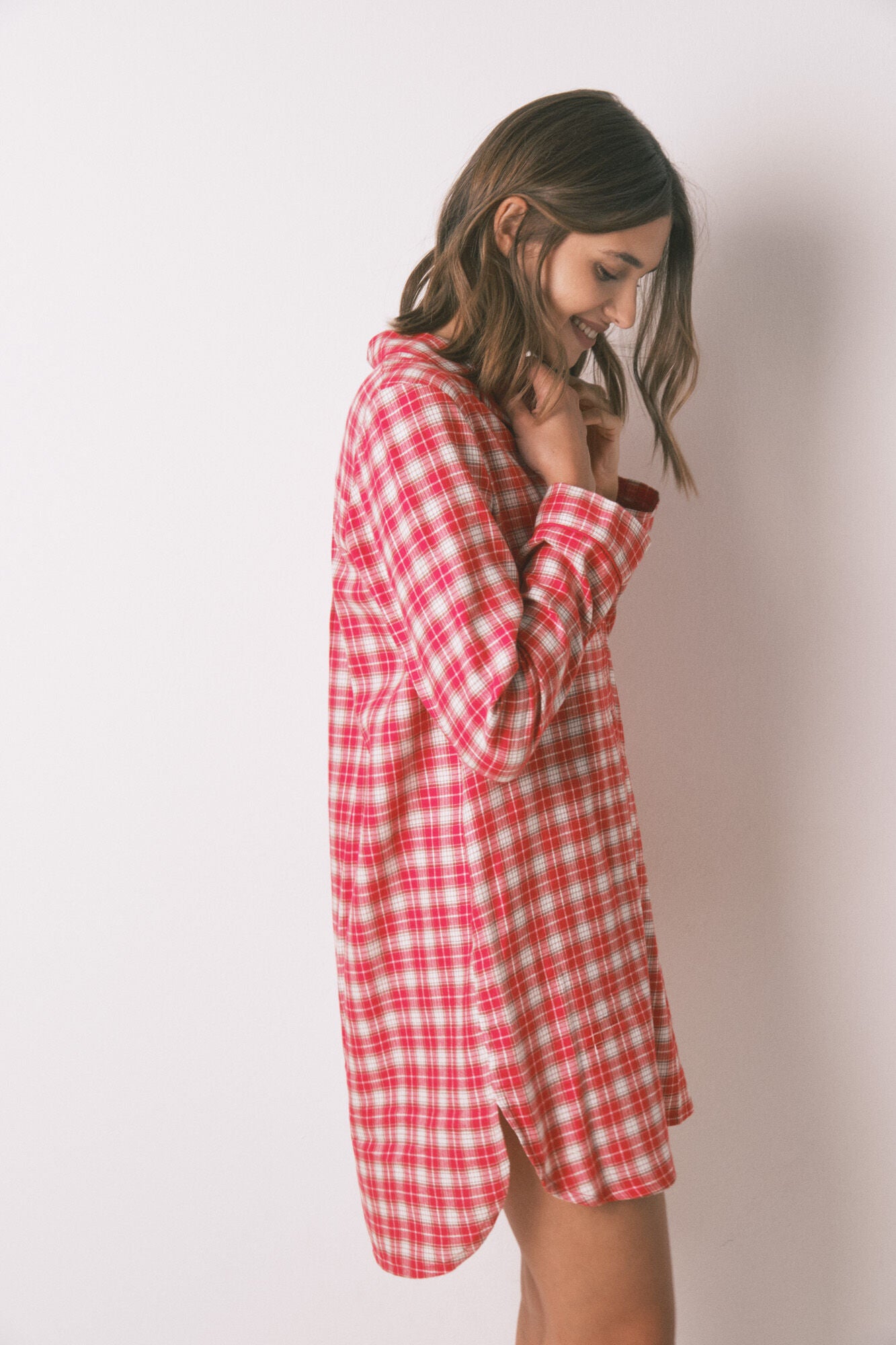 Red plaid print cotton midi nightgown