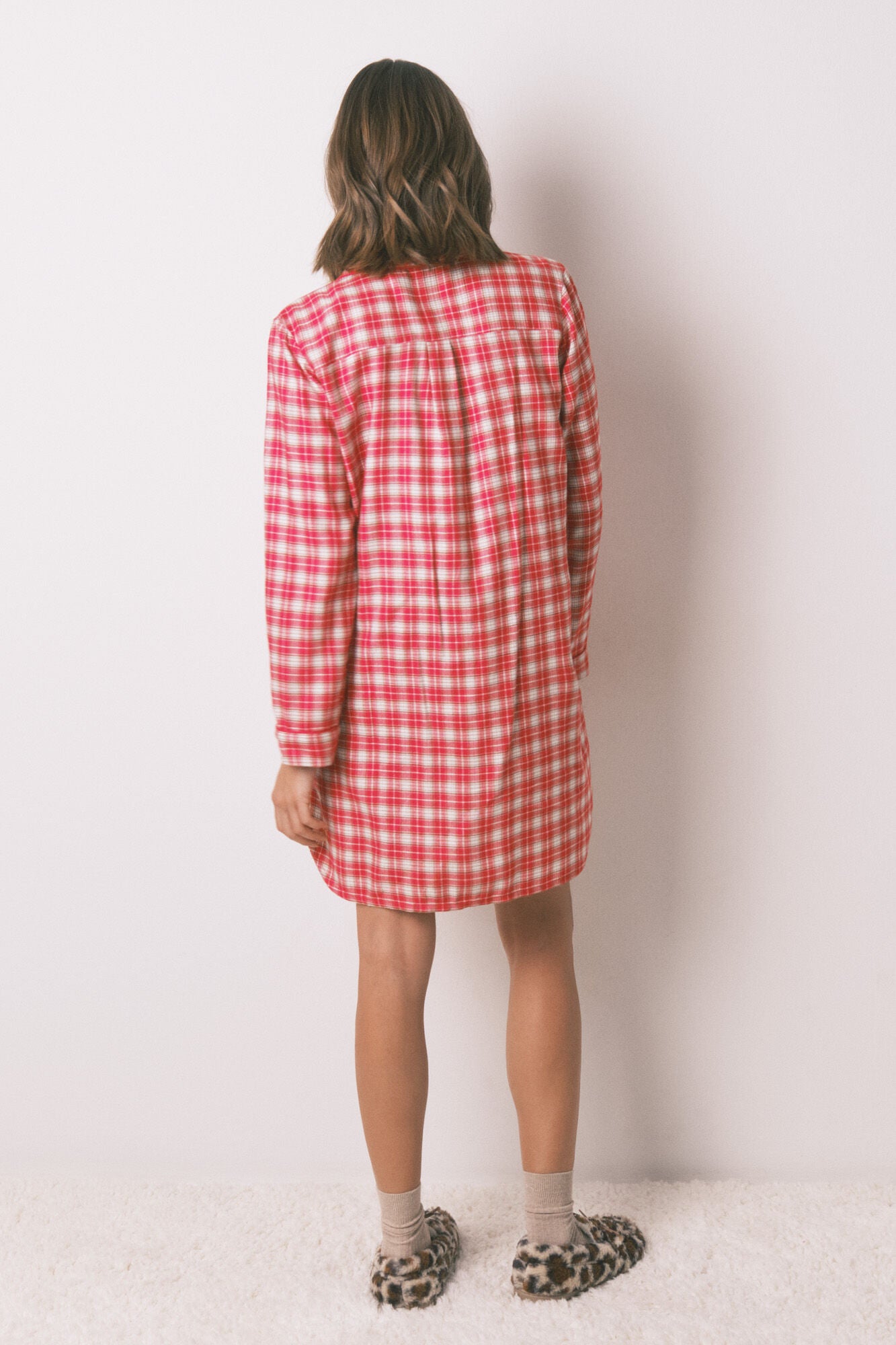Red plaid print cotton midi nightgown