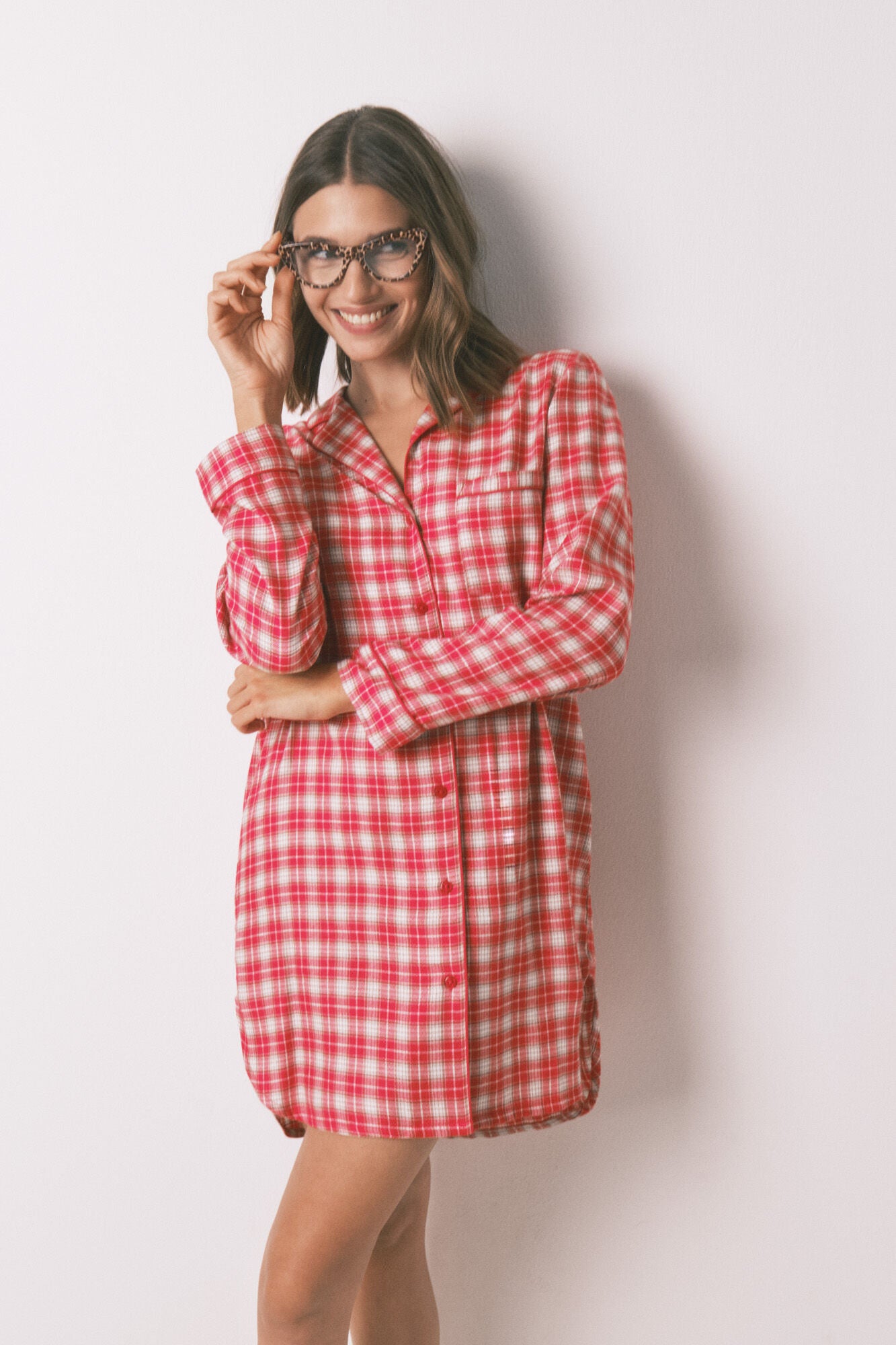 Red plaid print cotton midi nightgown