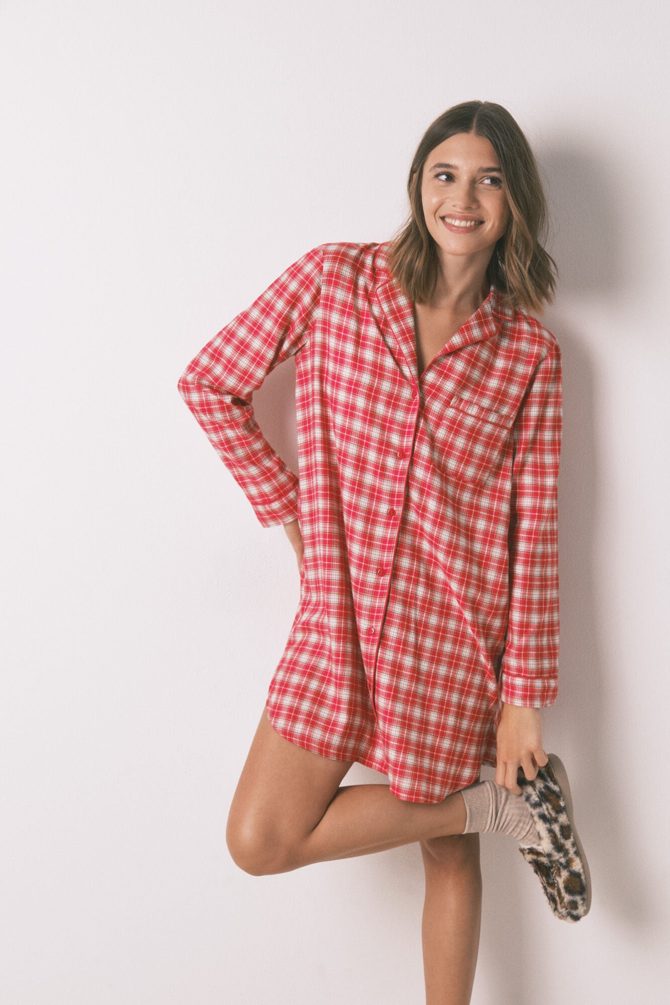 Red plaid print cotton midi nightgown