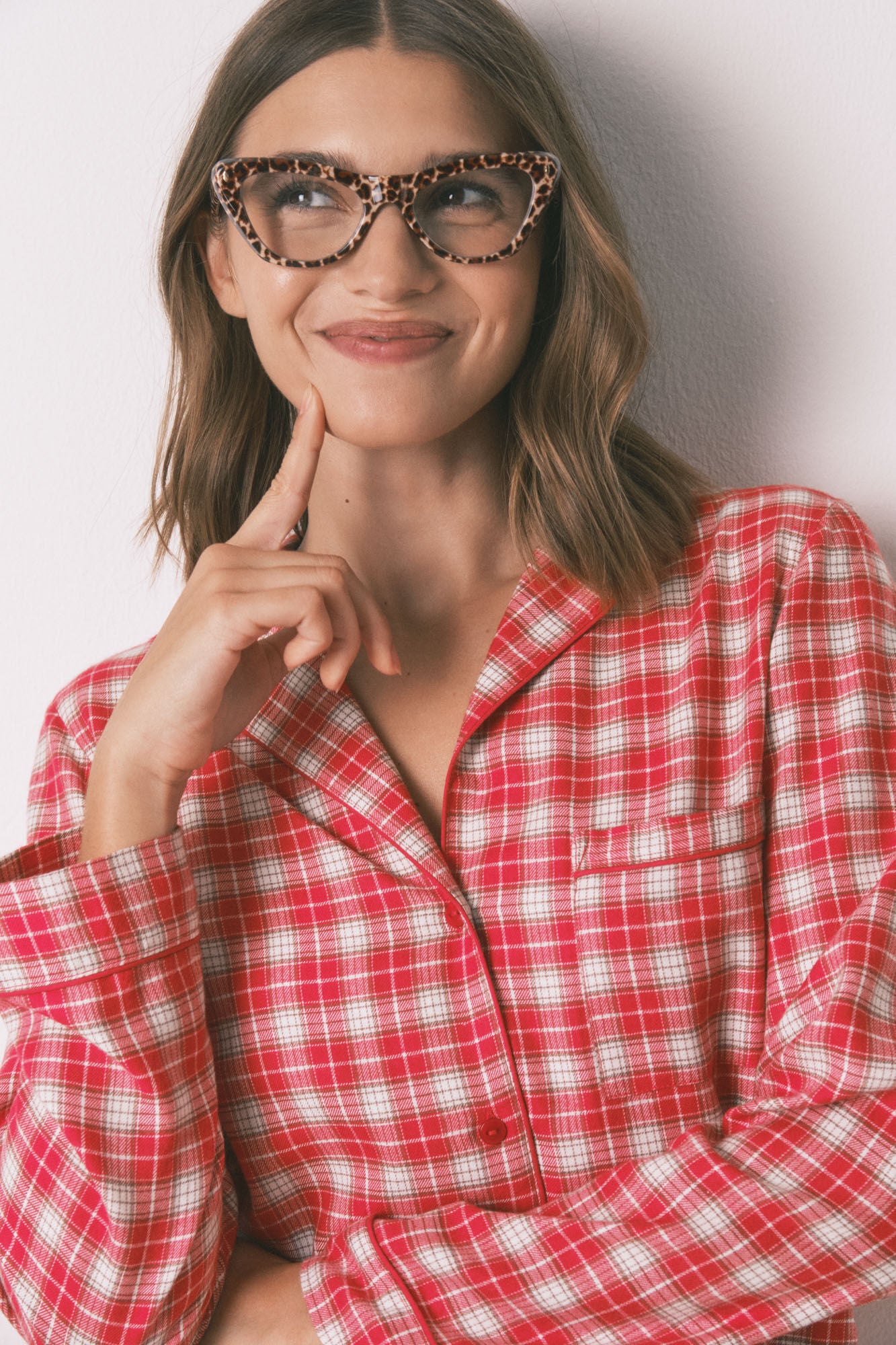 Red plaid print cotton midi nightgown