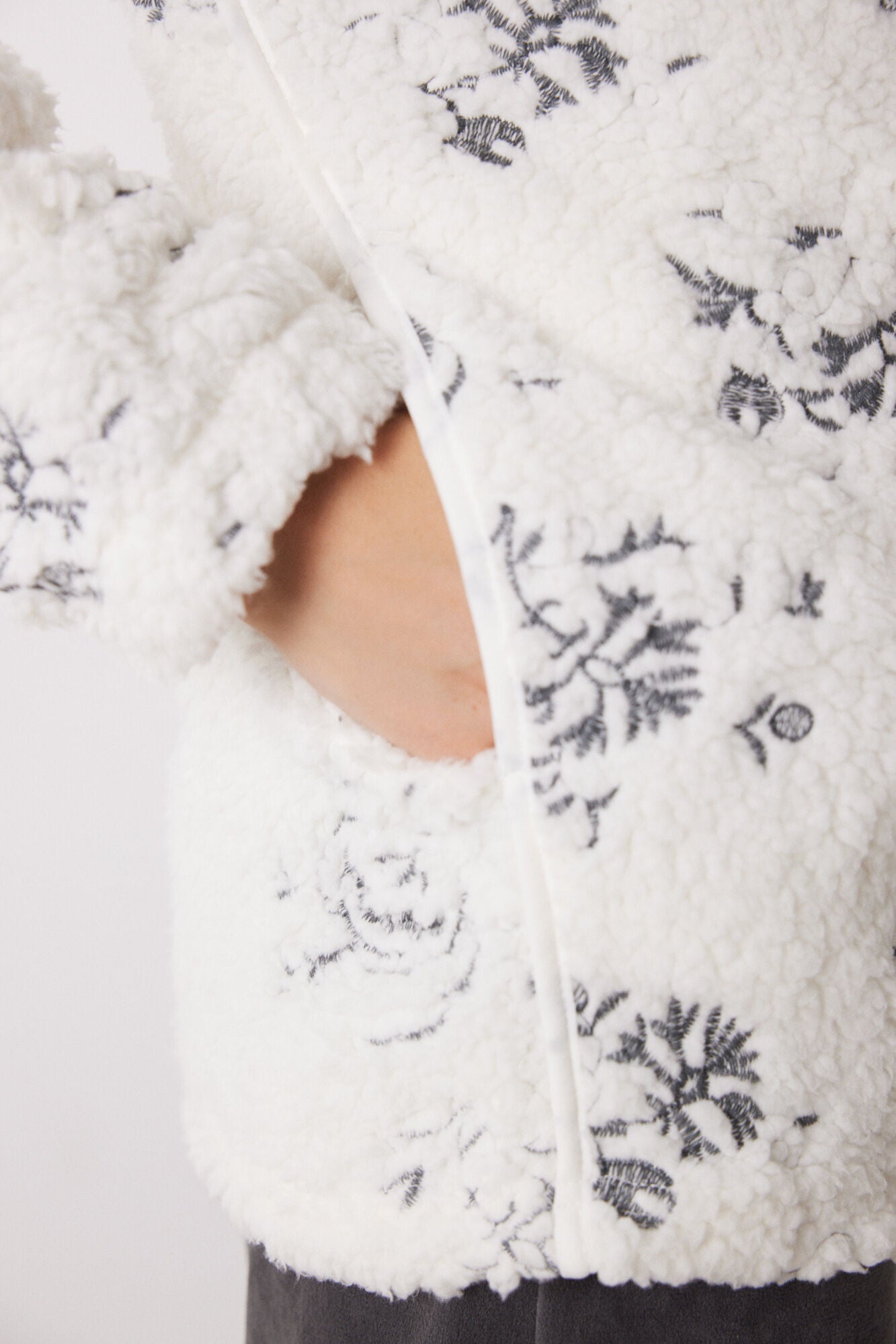 White faux shearling robe with flowers