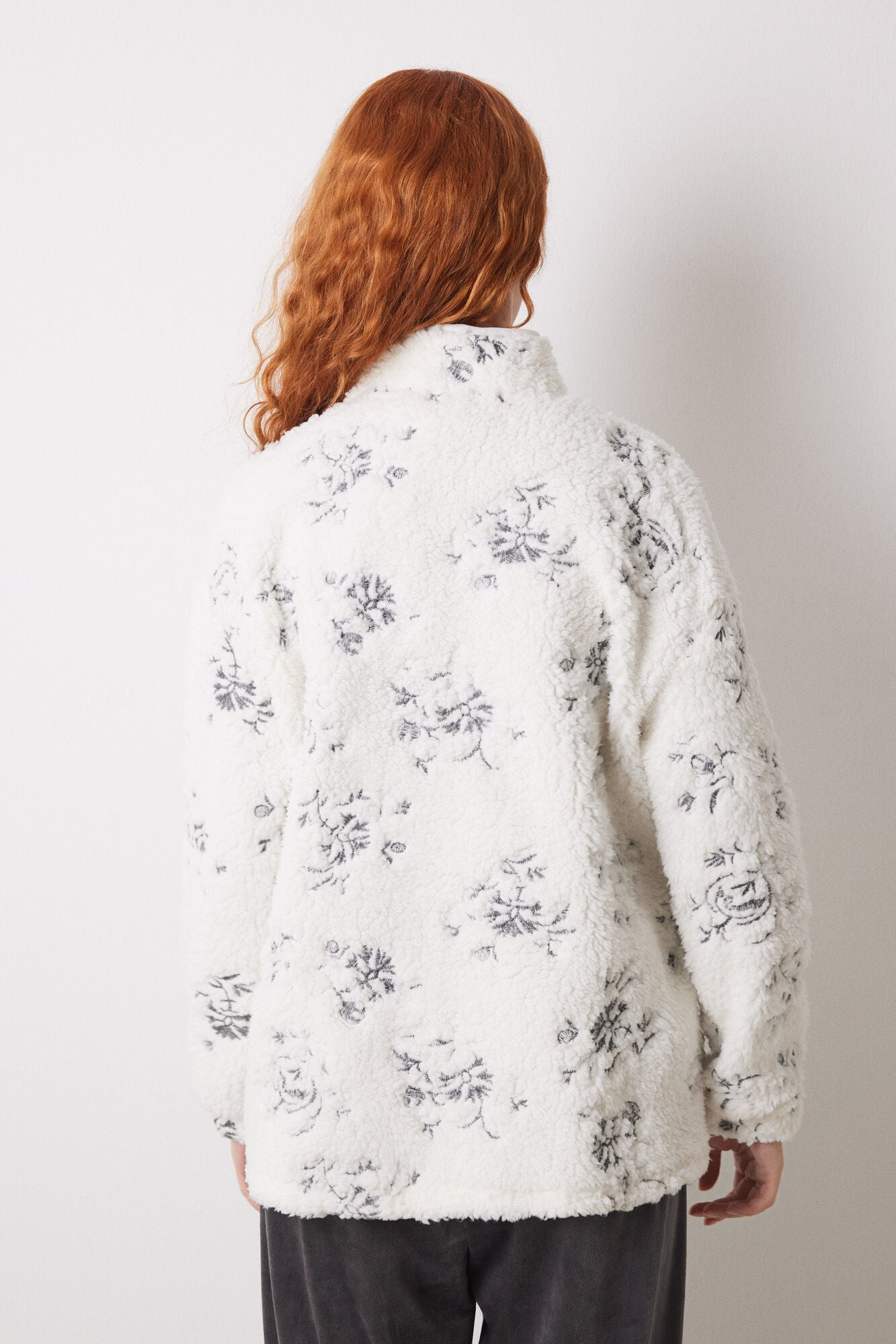 White faux shearling robe with flowers