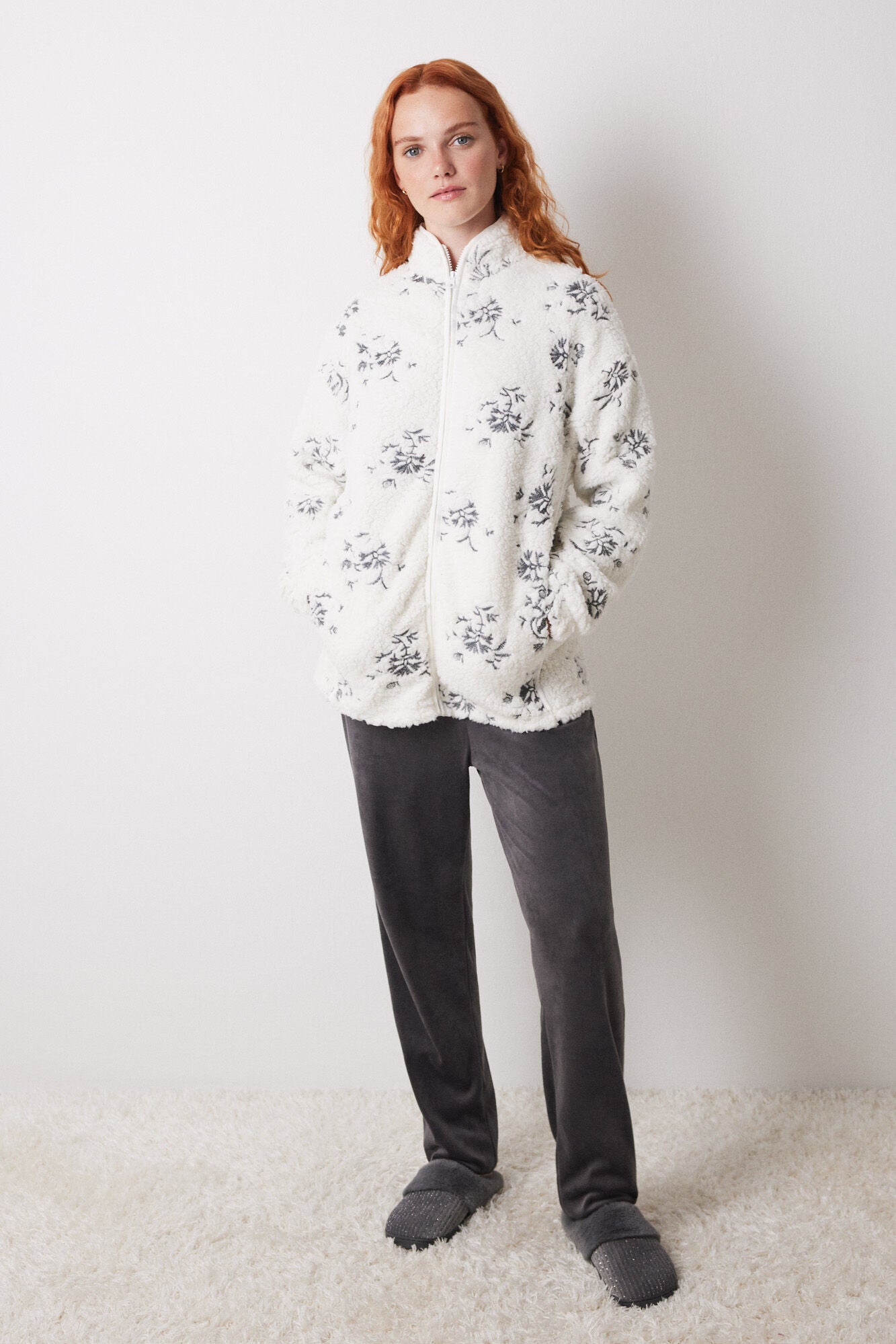 White faux shearling robe with flowers