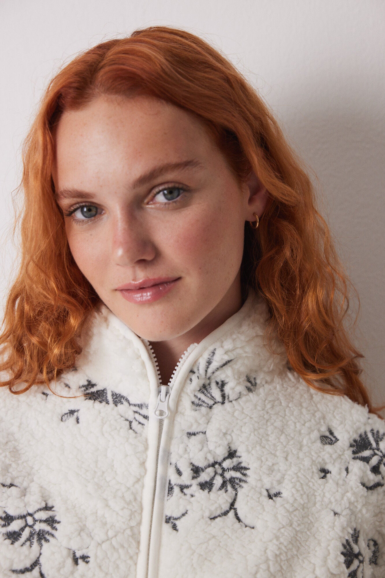 White faux shearling robe with flowers