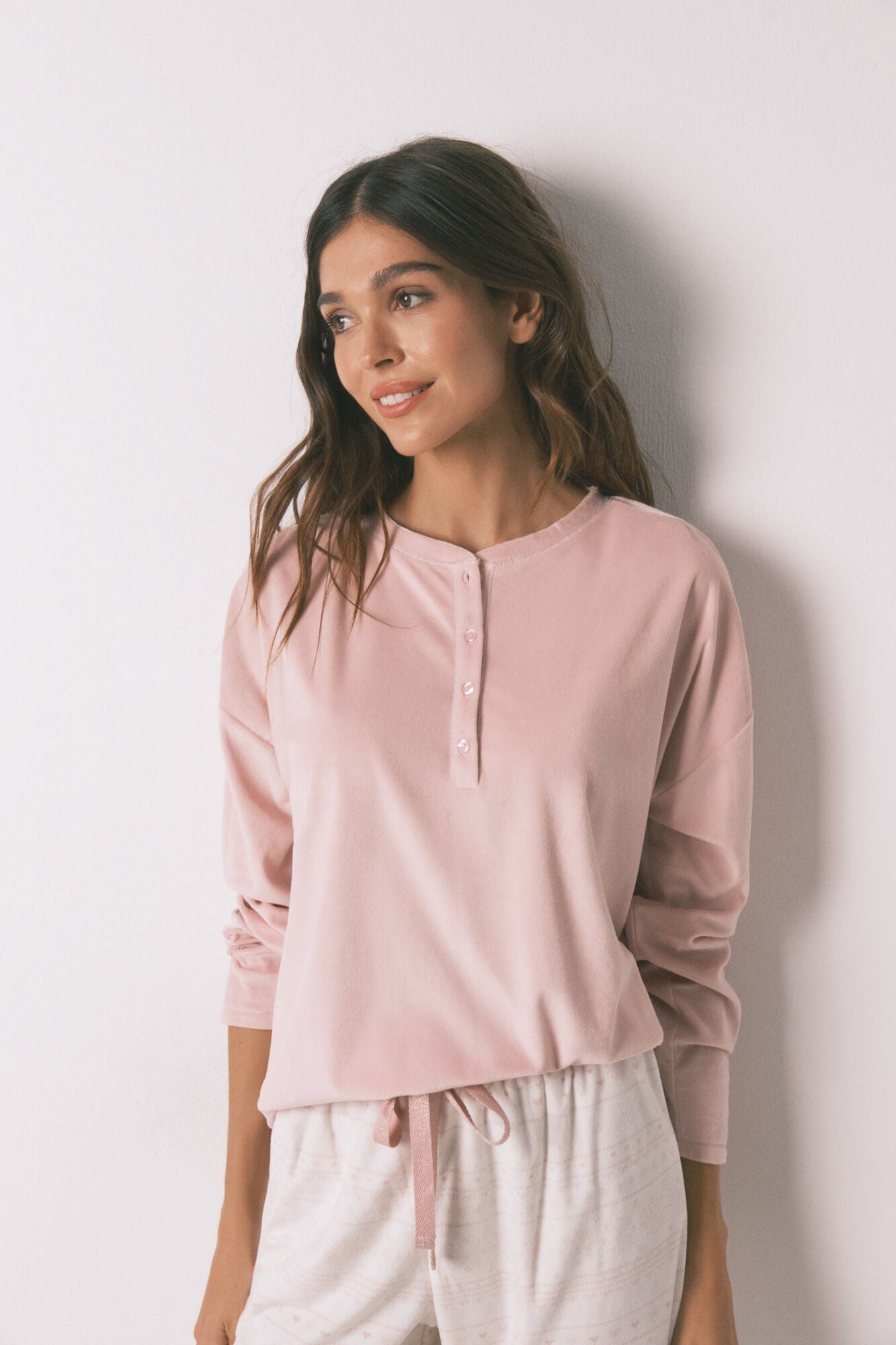 Soft fleece long pyjamas with pink border print