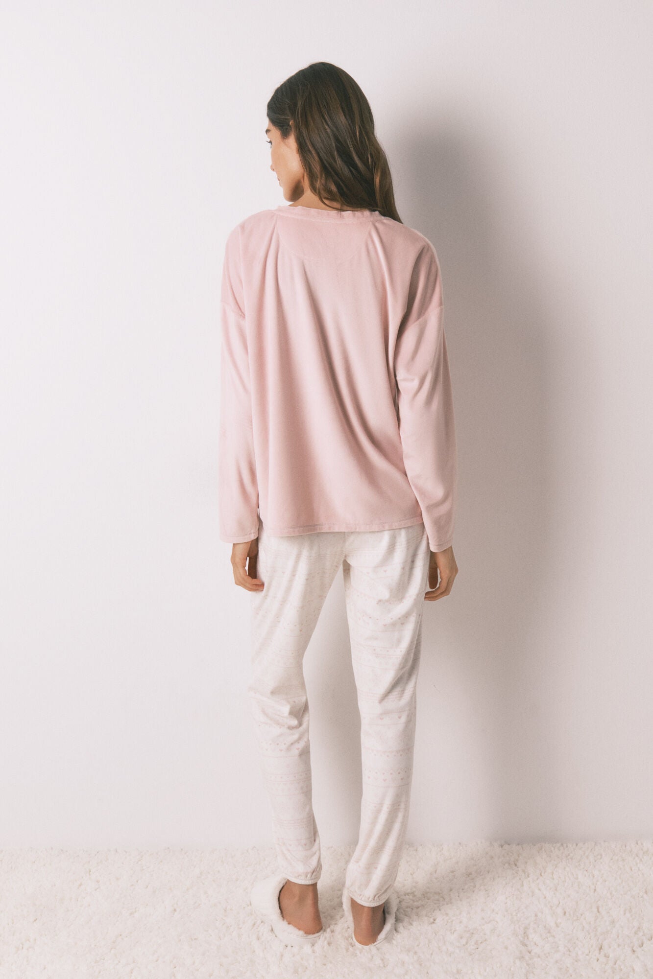 Soft fleece long pyjamas with pink border print