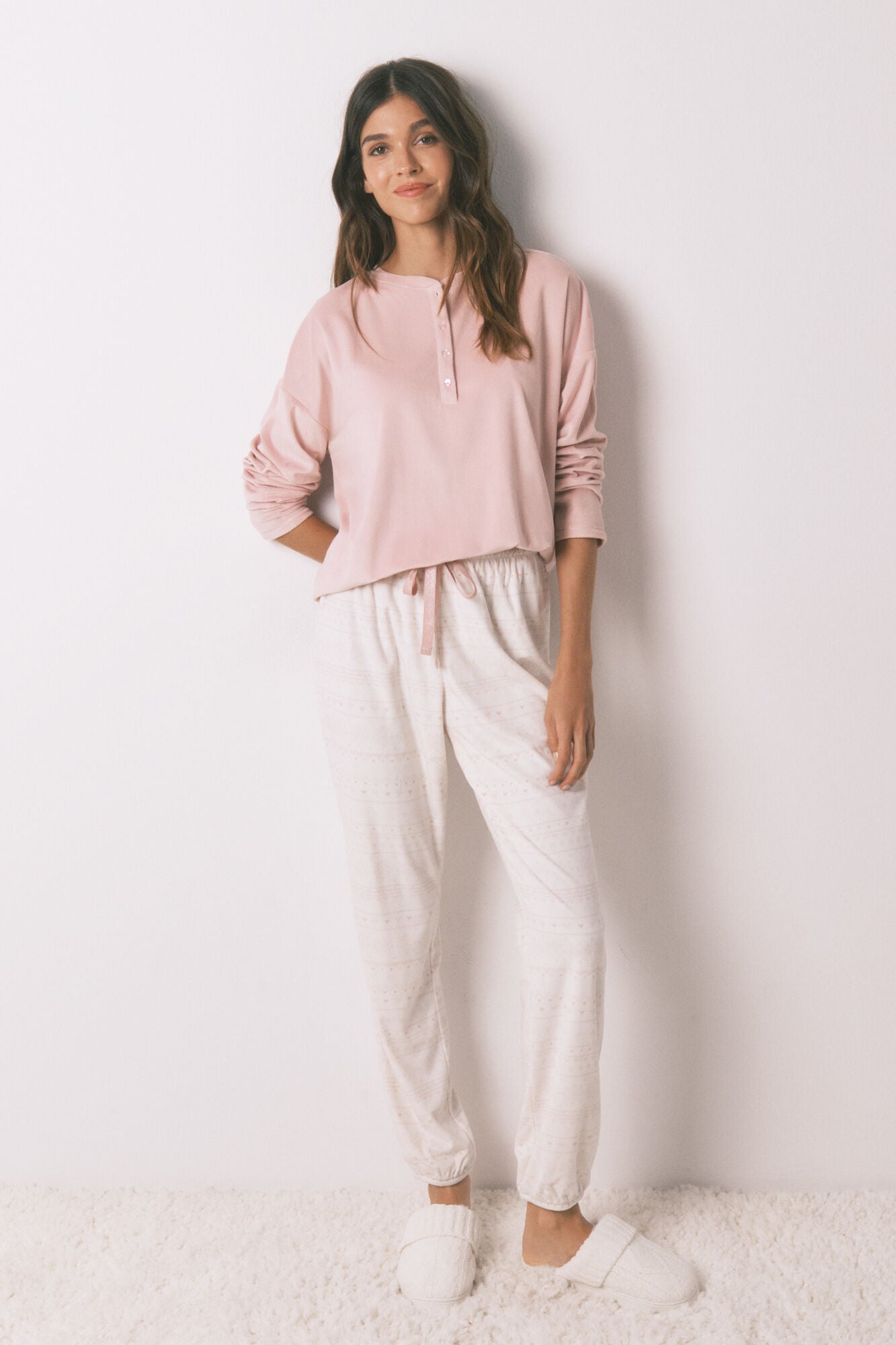 Soft fleece long pyjamas with pink border print