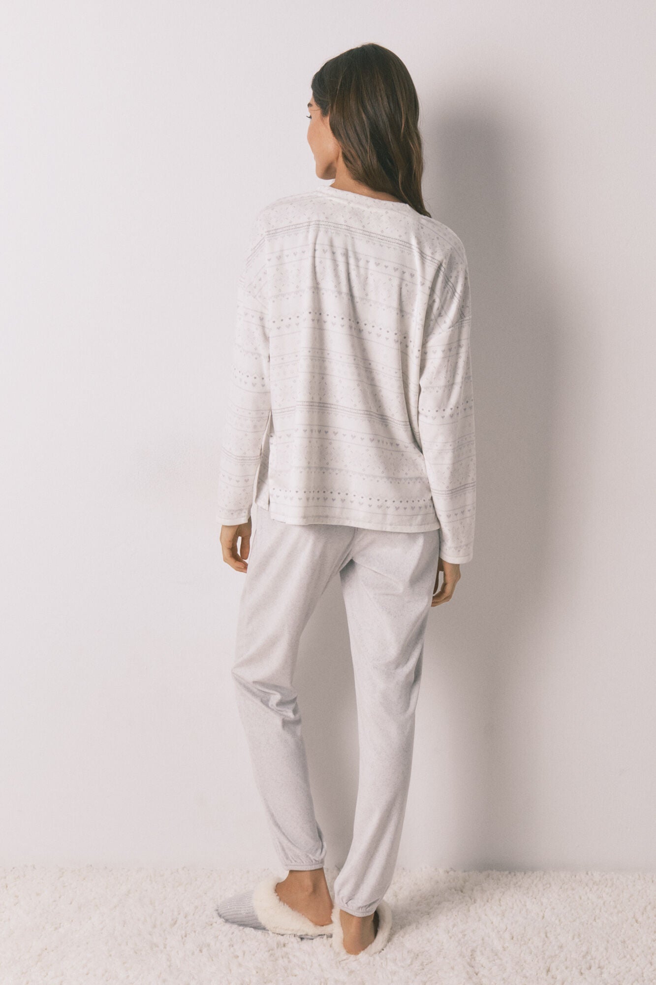 Soft grey fleece long pyjamas with border print