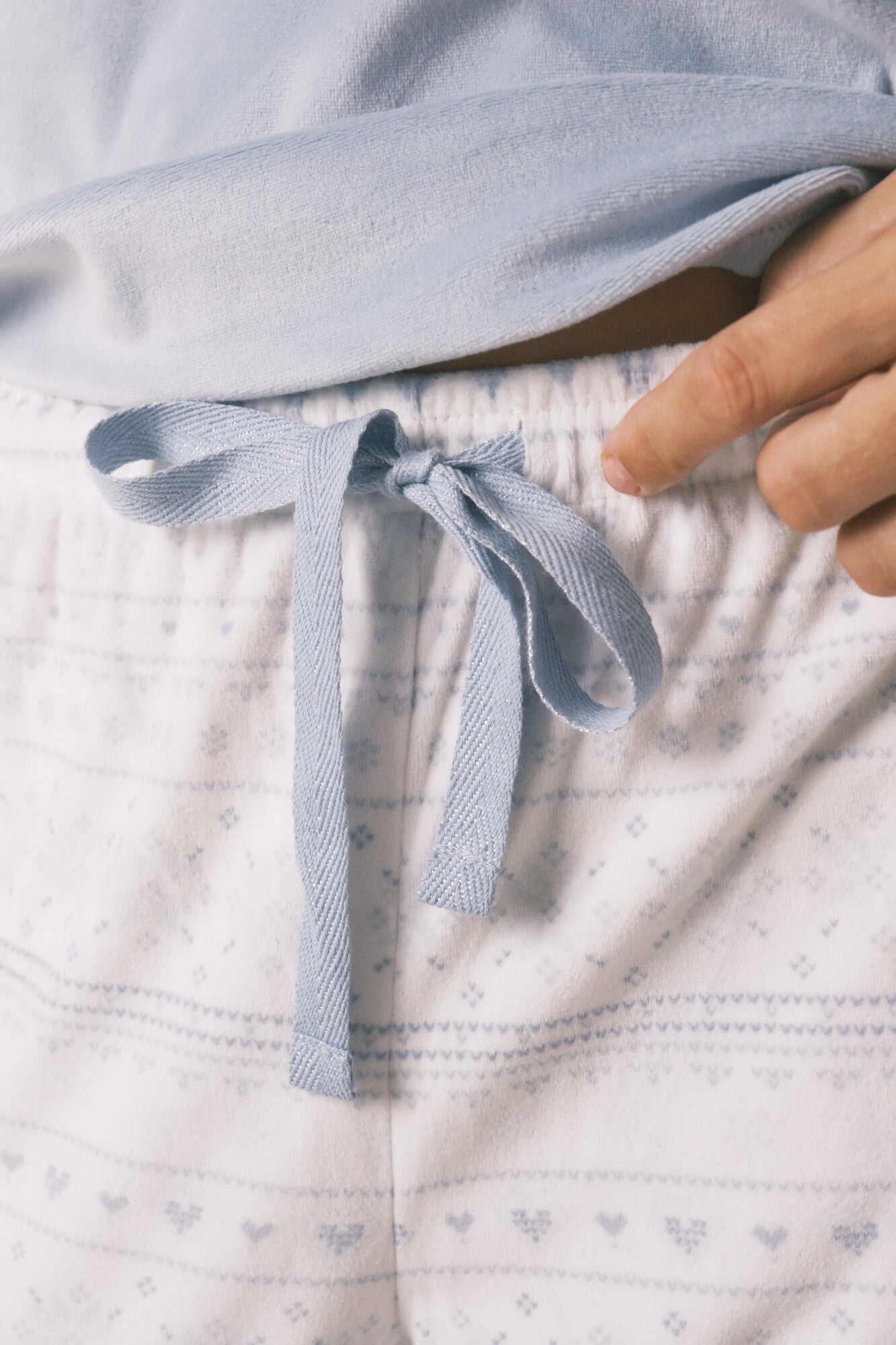 Soft blue fleece long pyjamas with border print