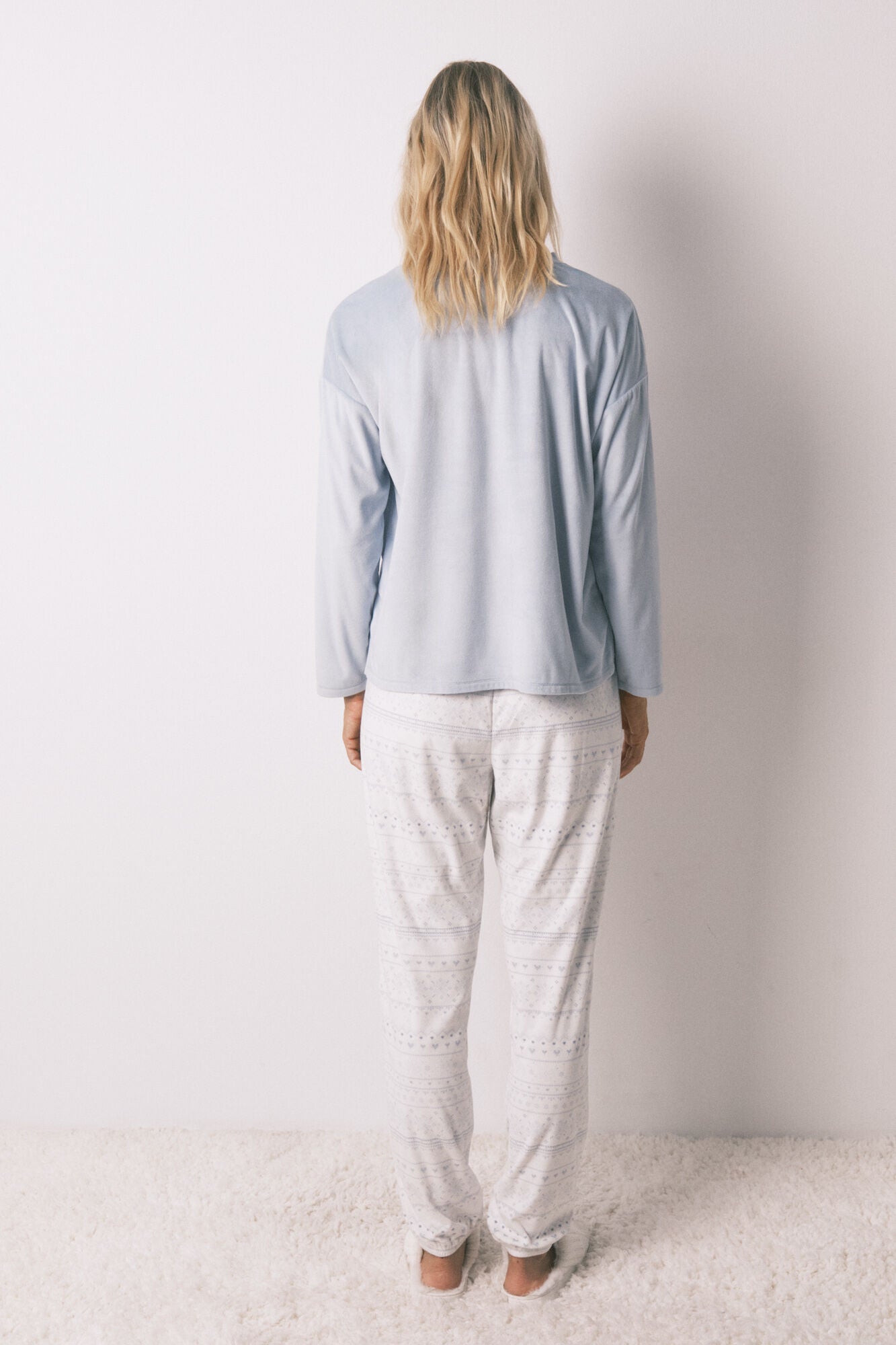 Soft blue fleece long pyjamas with border print