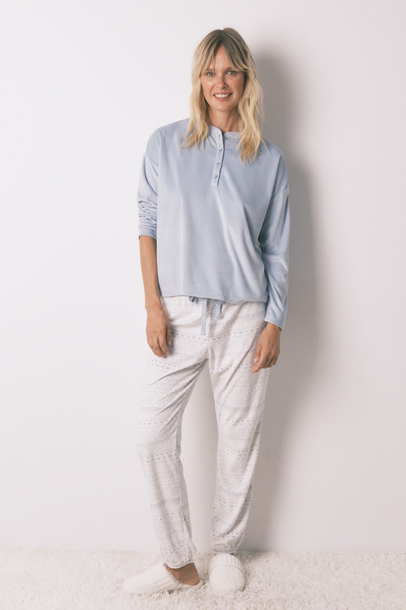 Soft blue fleece long pyjamas with border print