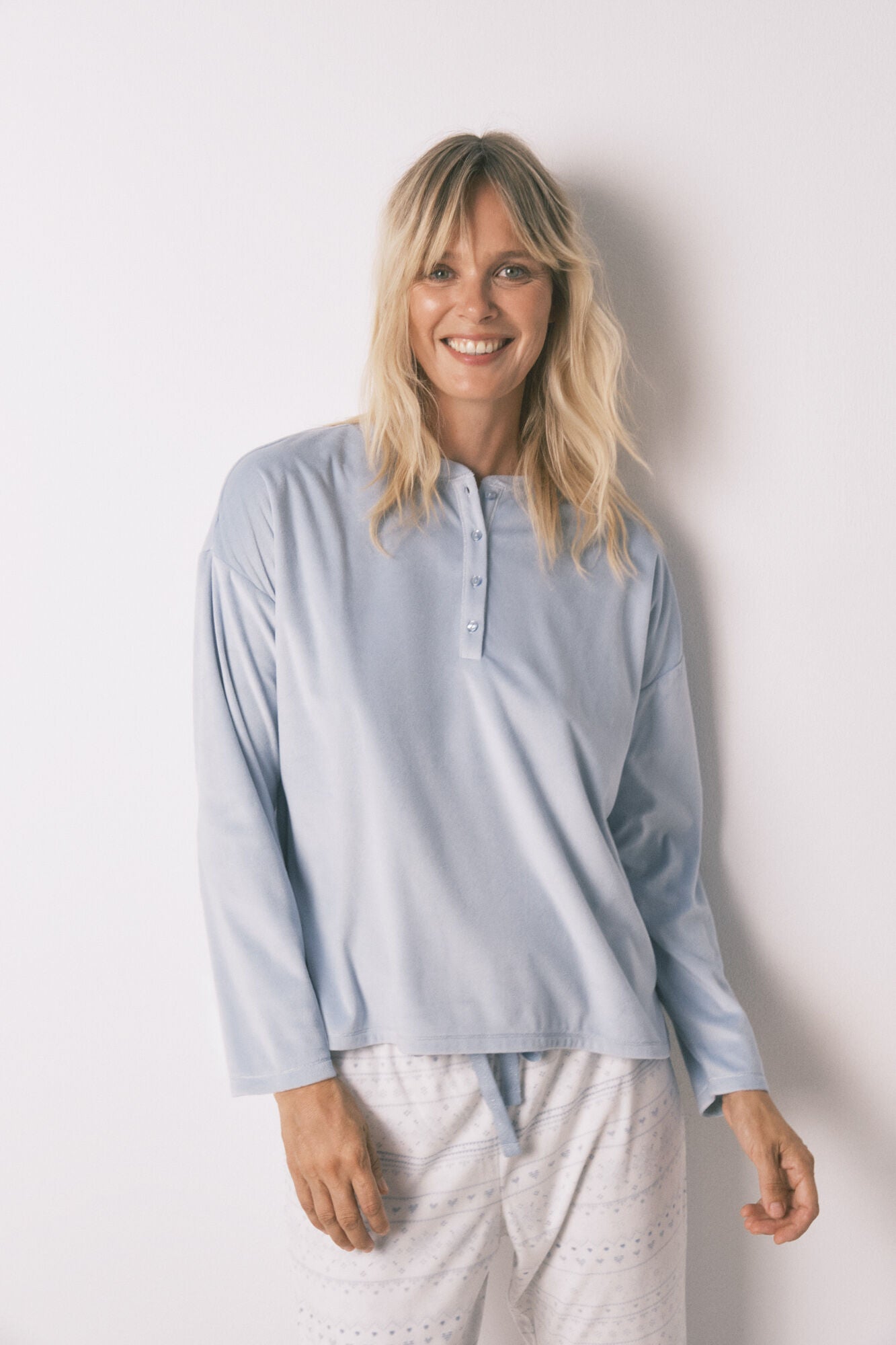 Soft blue fleece long pyjamas with border print