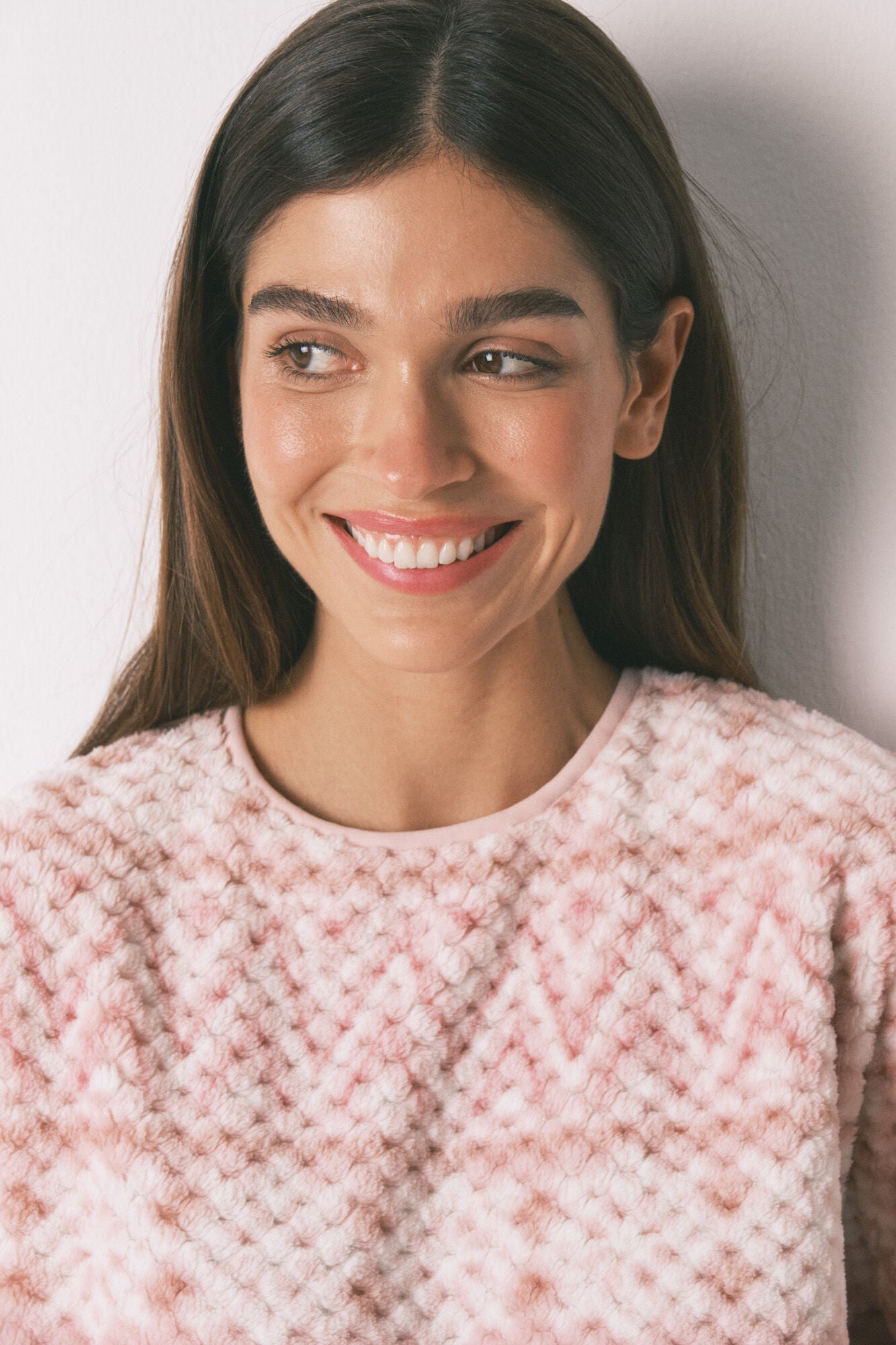 Pink fleece long pajamas with border