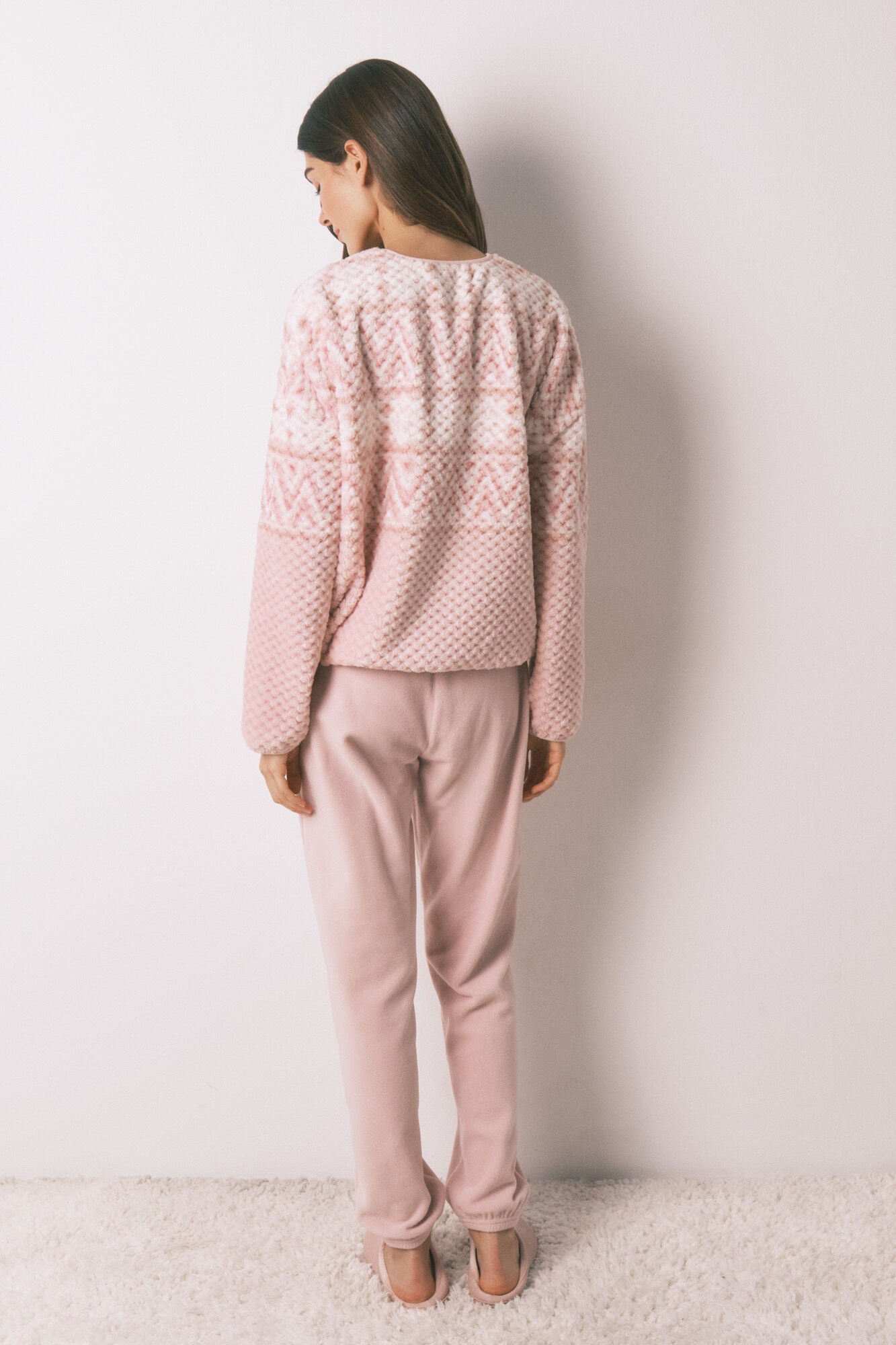 Pink fleece long pajamas with border