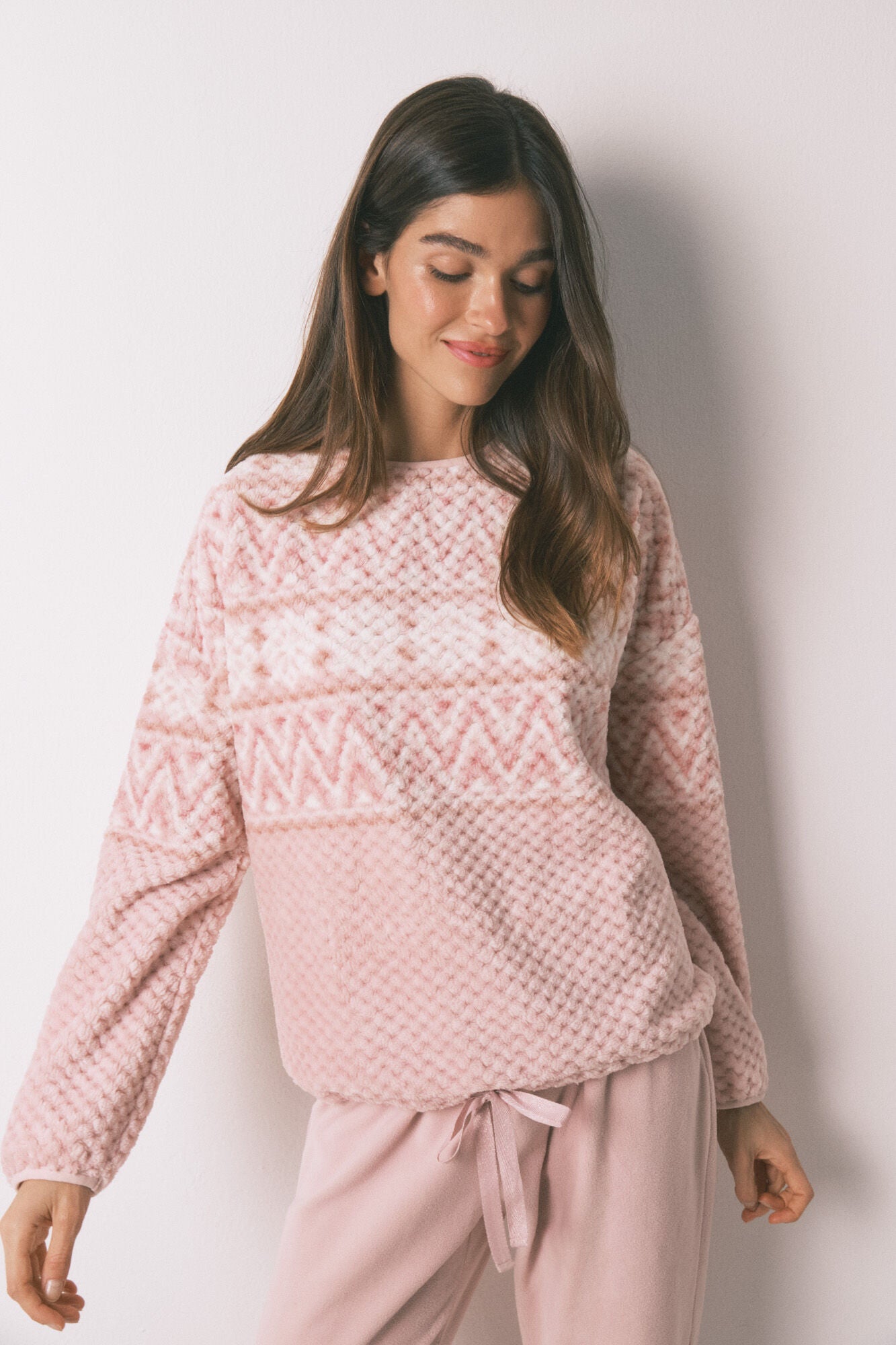 Pink fleece long pajamas with border