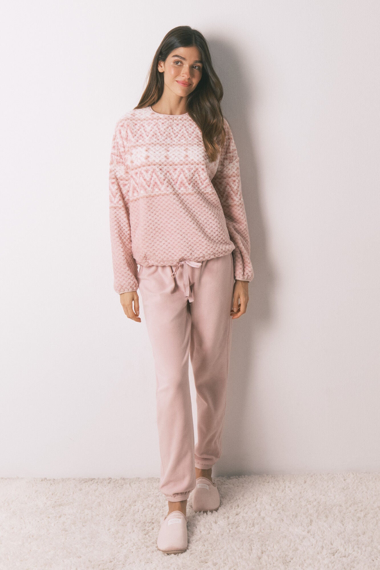 Pink fleece long pajamas with border