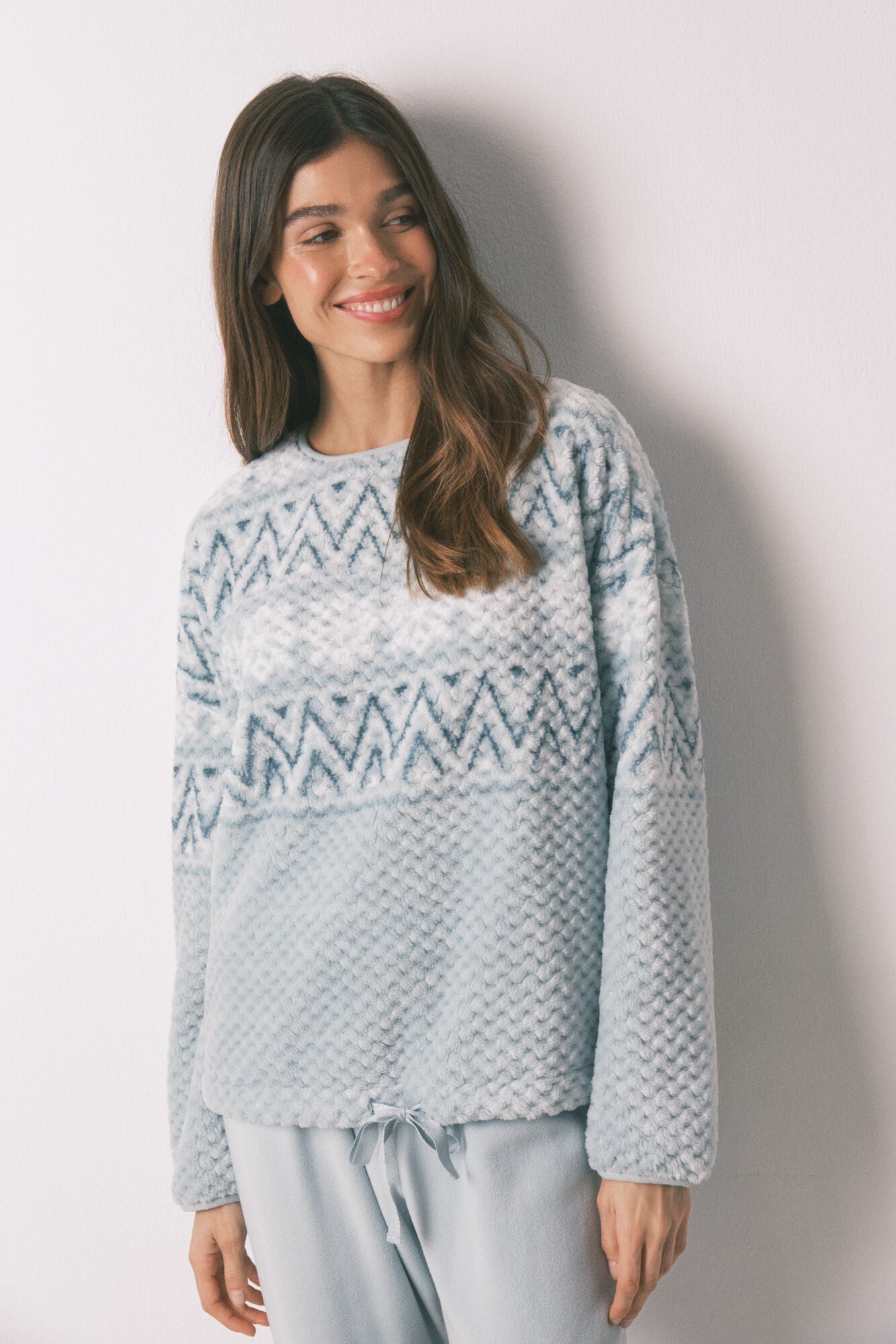 Long green fleece pajamas with border