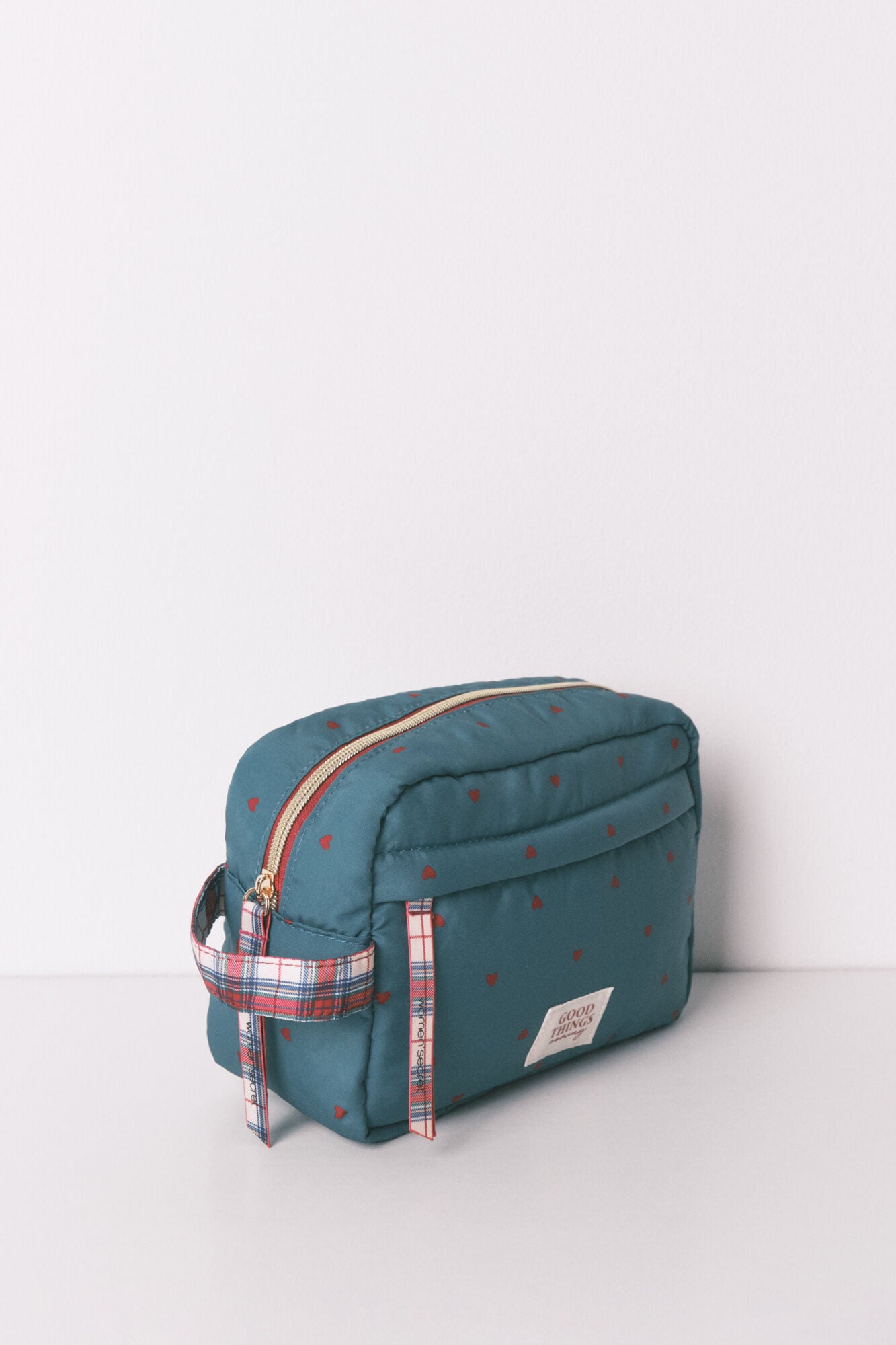 Medium green nylon vanity case with heart print