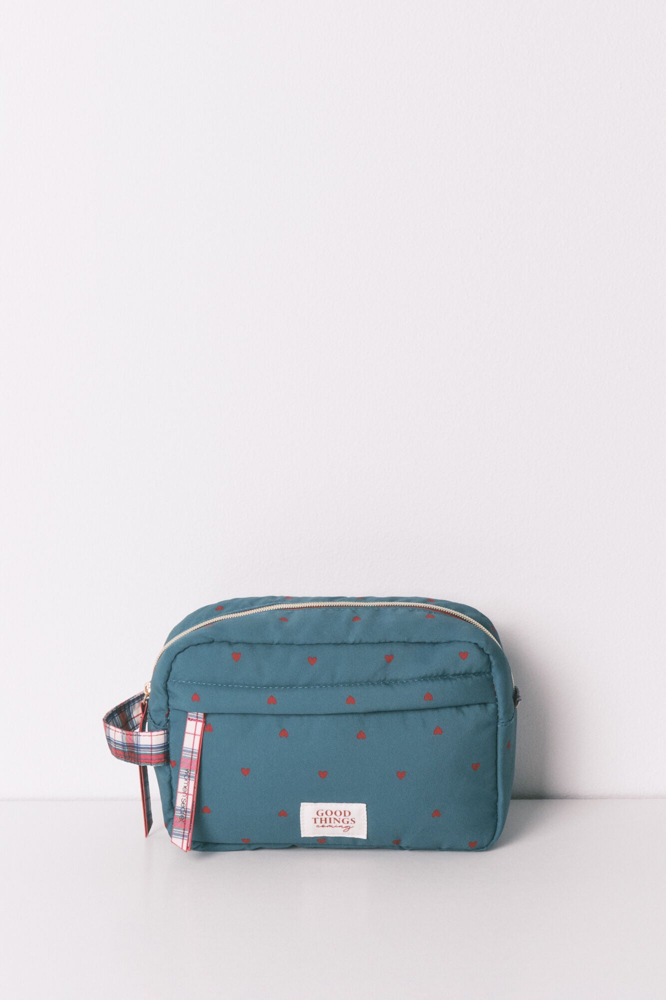 Medium green nylon vanity case with heart print