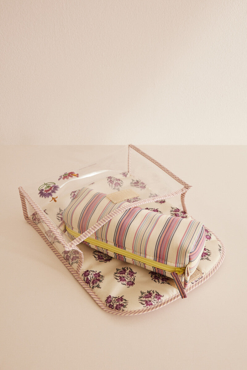 Pack of 2 purple toiletry bags with flowers and stripes