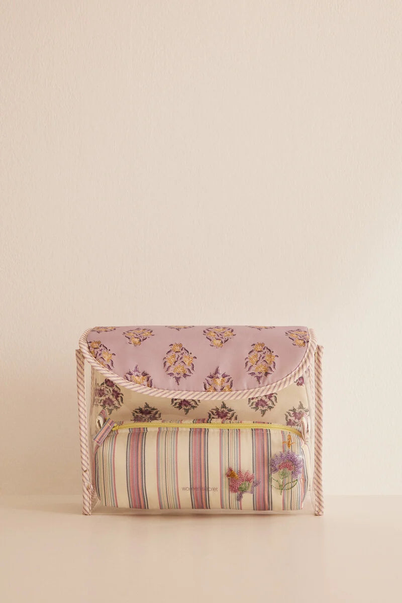 Pack of 2 purple toiletry bags with flowers and stripes