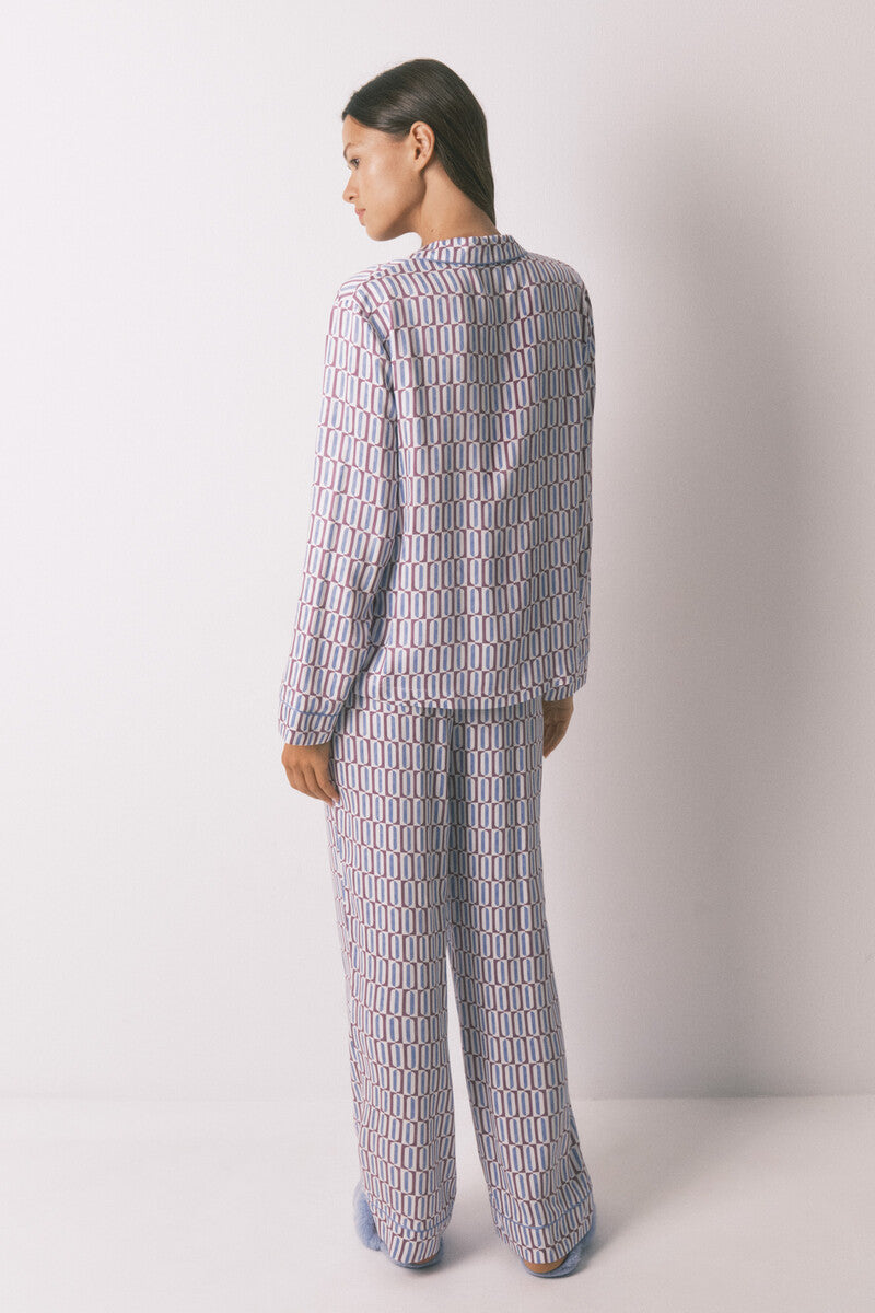 Long satin shirt pajamas with geometric print