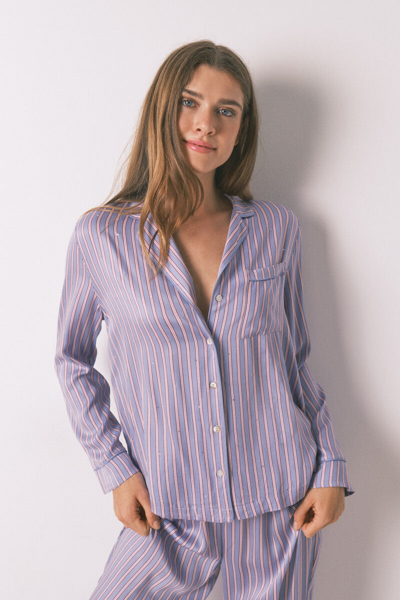 Long satin striped print pajama shirt