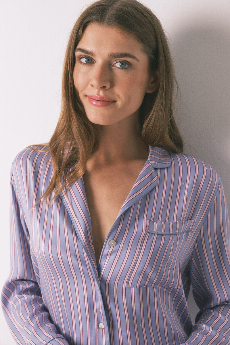 Long satin striped print pajama shirt