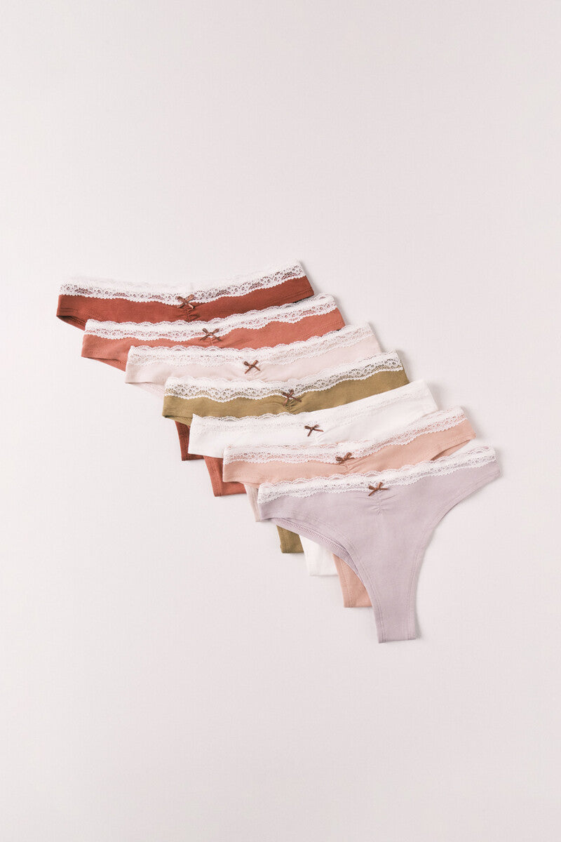 Plain lace cotton 7-pack Brazilian panties
