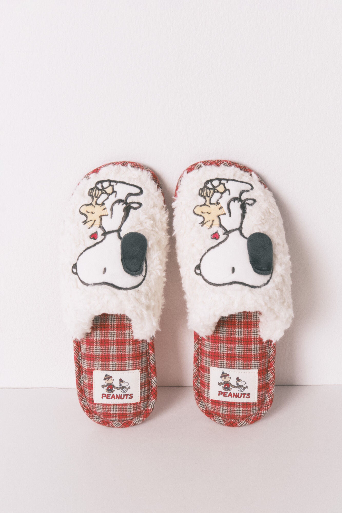 Snoopy plaid faux shearling slippers