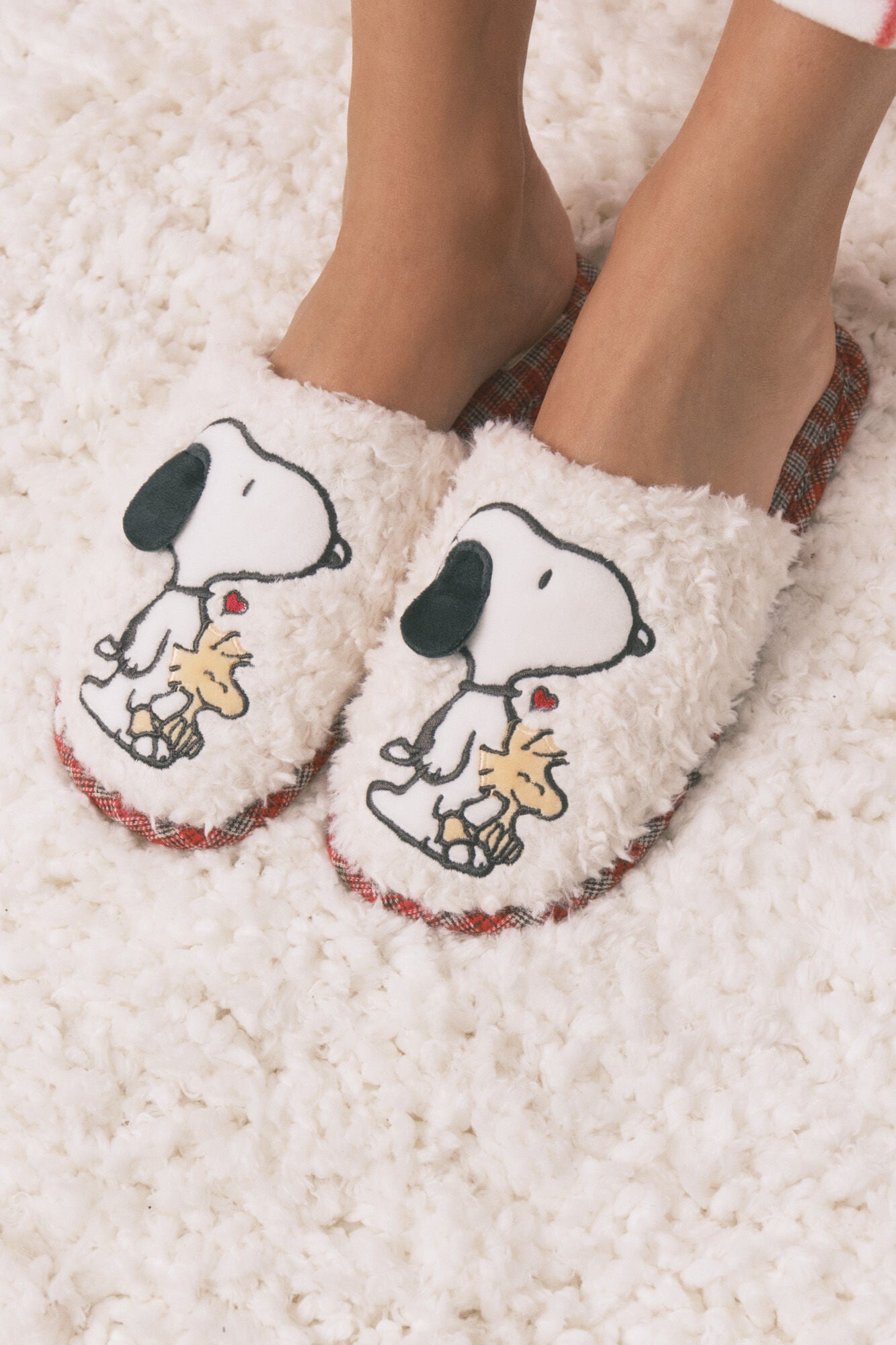 Snoopy plaid faux shearling slippers