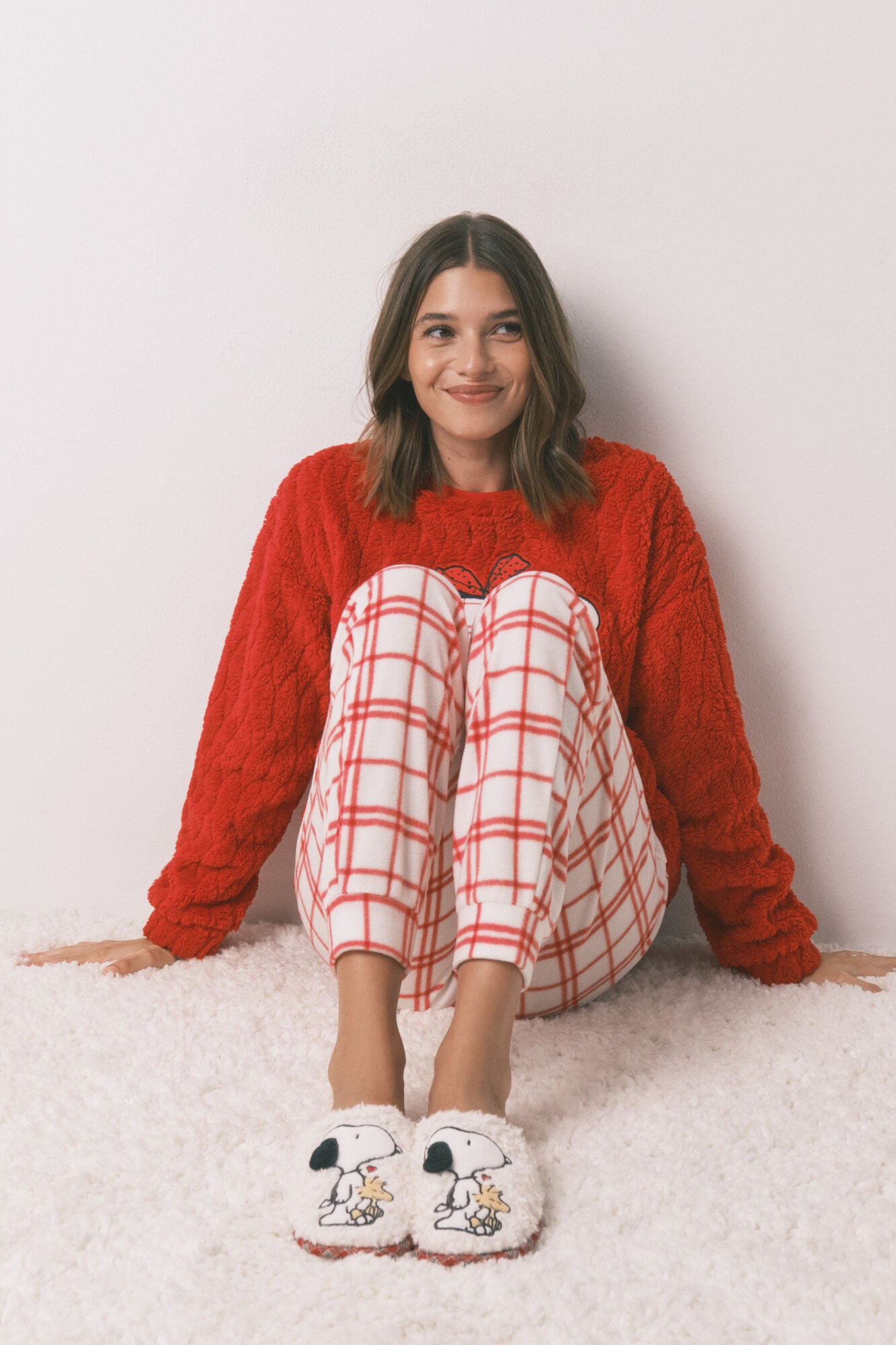 Snoopy plaid faux shearling slippers