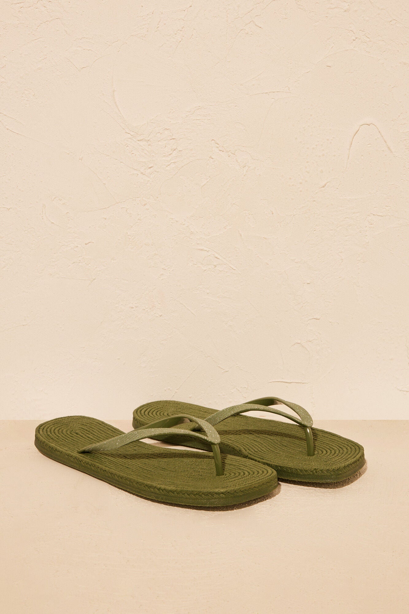 Khaki square toe flip flops