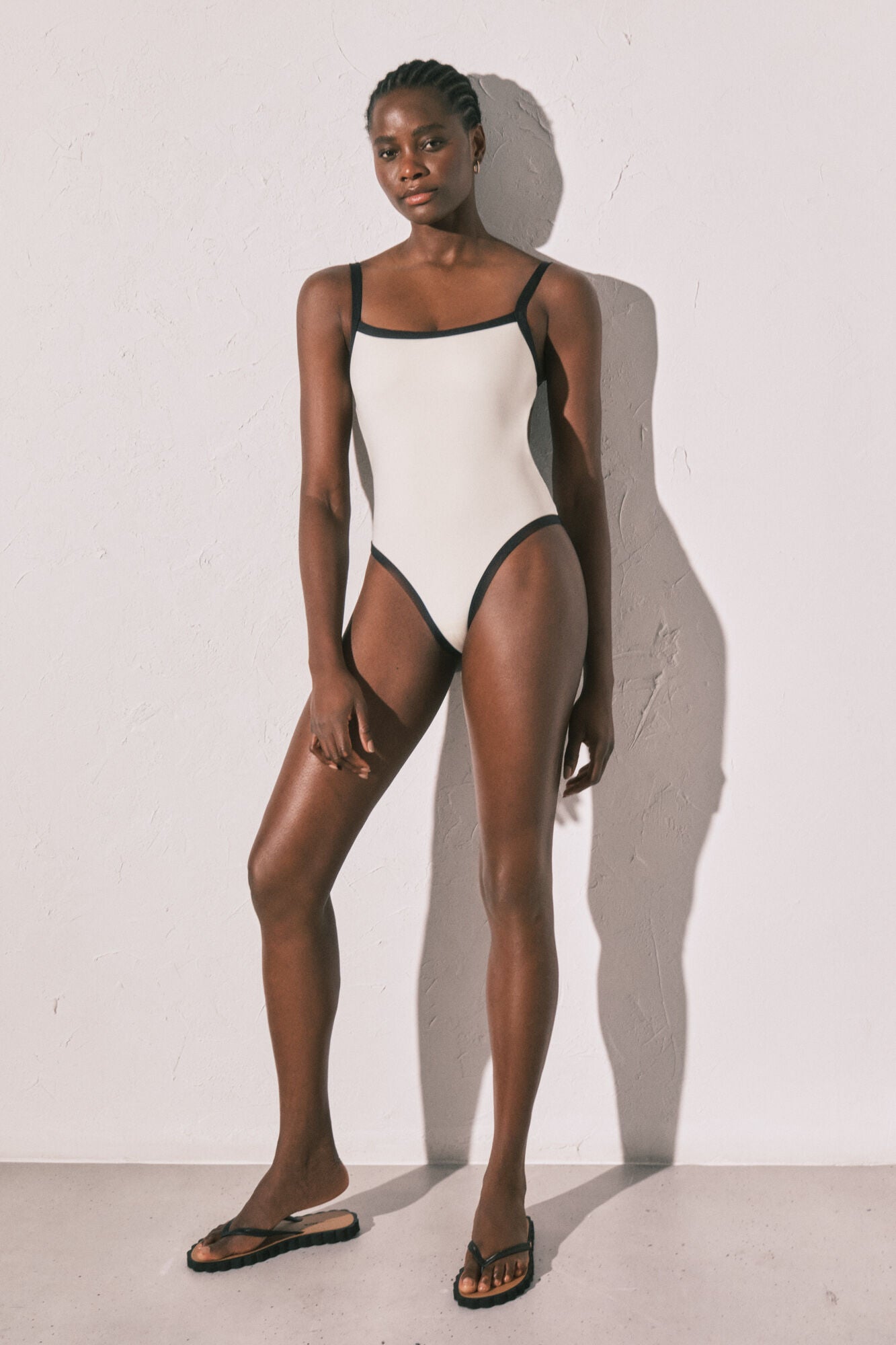 White semi-shiny straight neckline swimwear