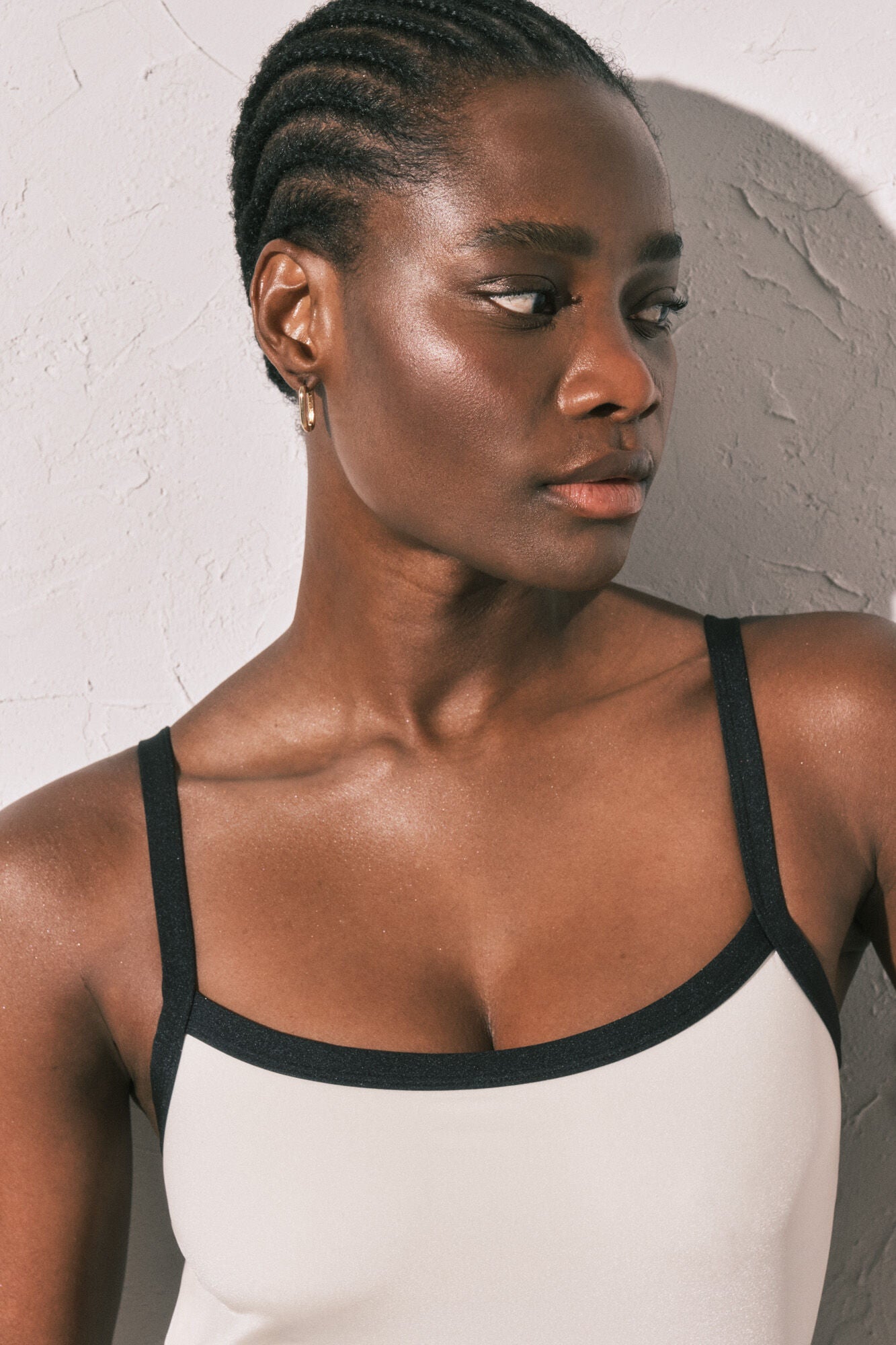 White semi-shiny straight neckline swimwear