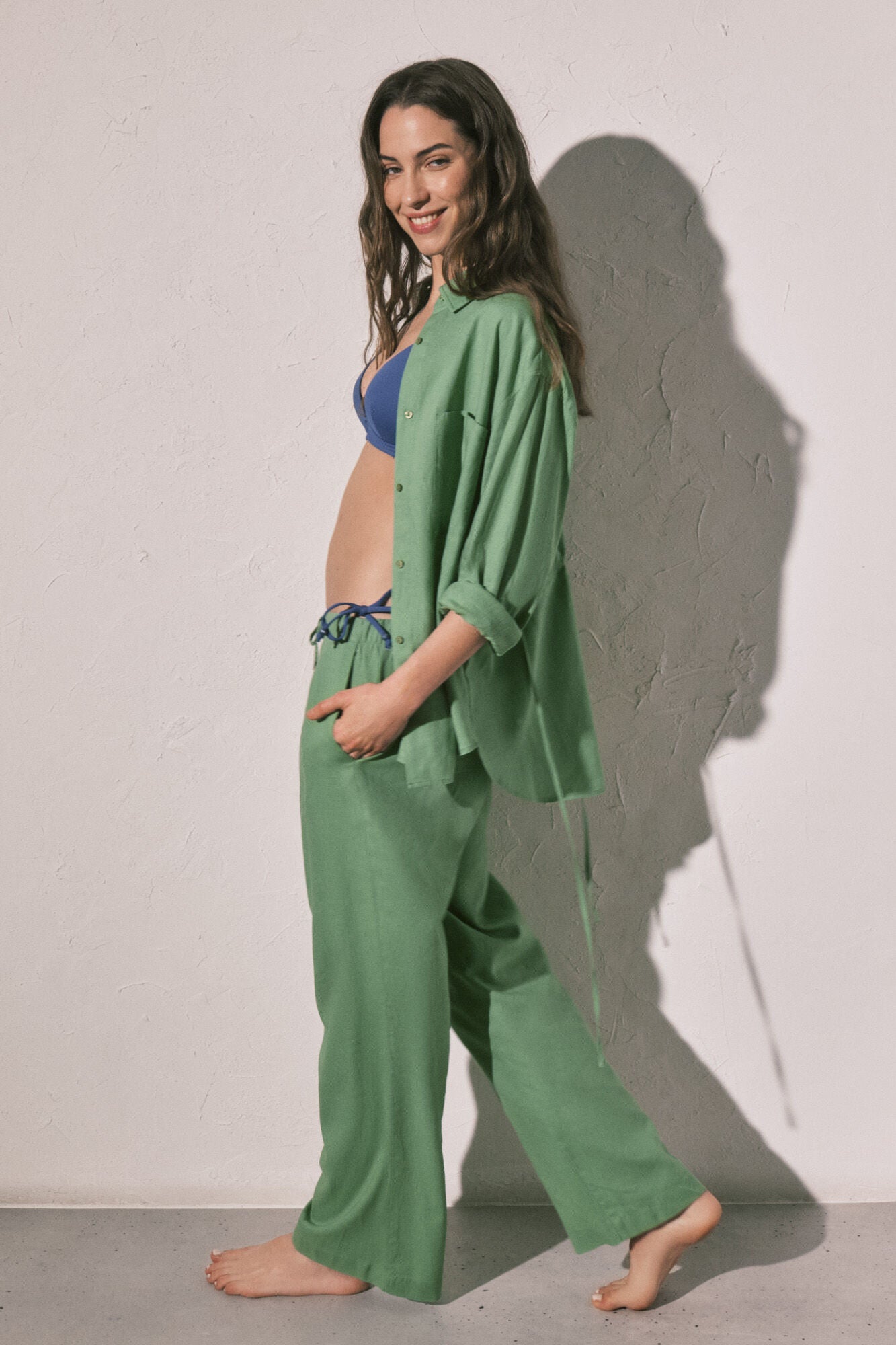 Green linen trousers