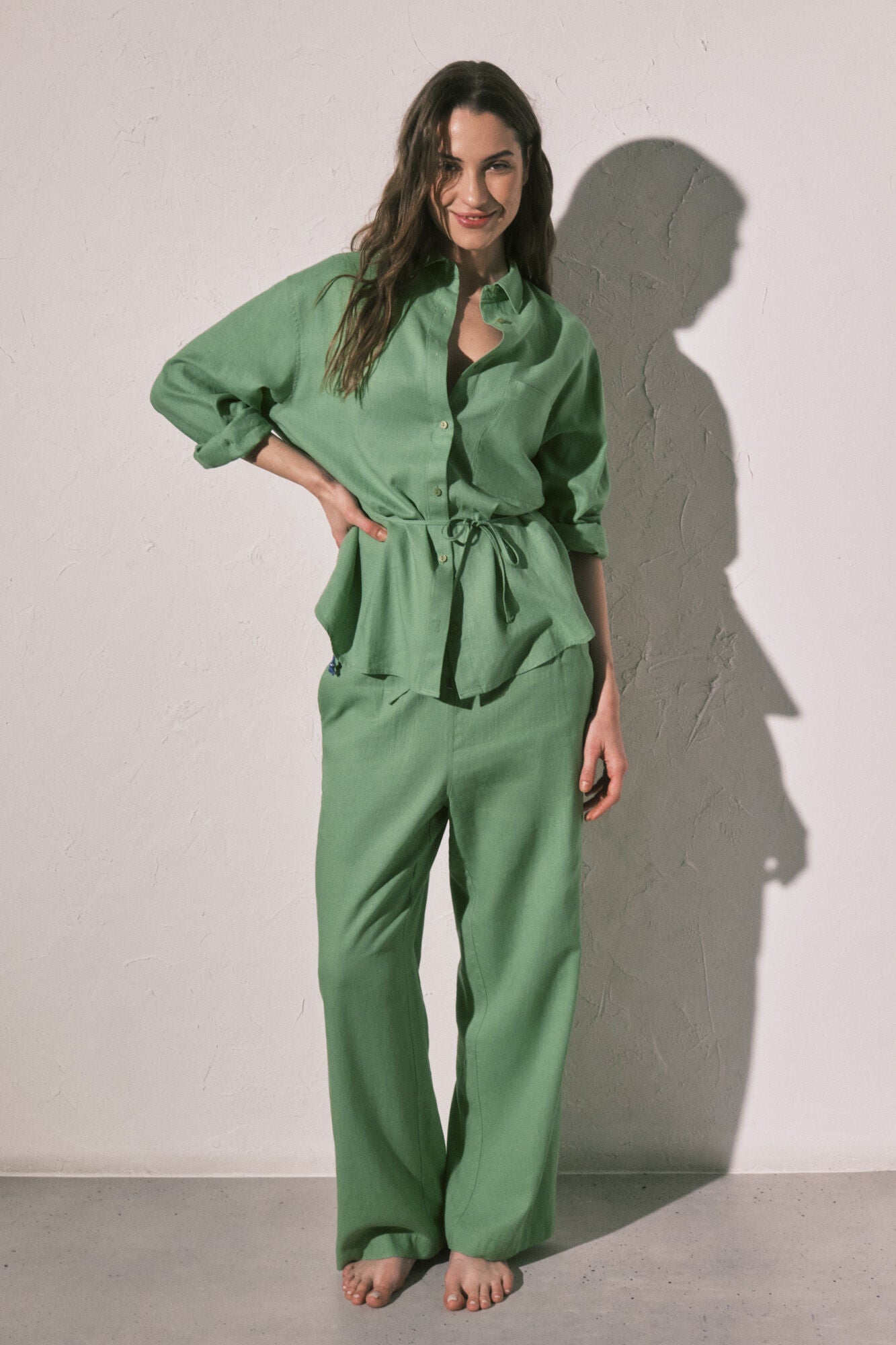 Green linen trousers
