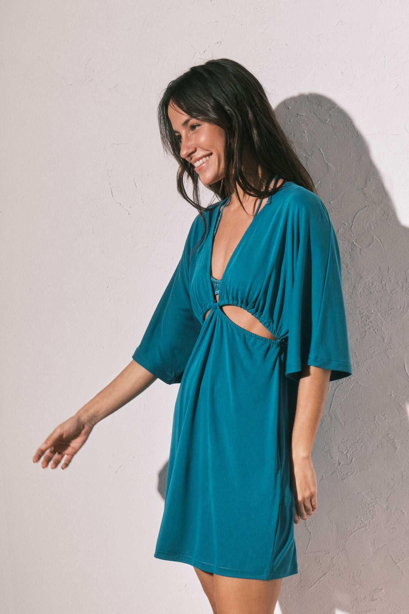 Blue jersey-knit short cut-out dress