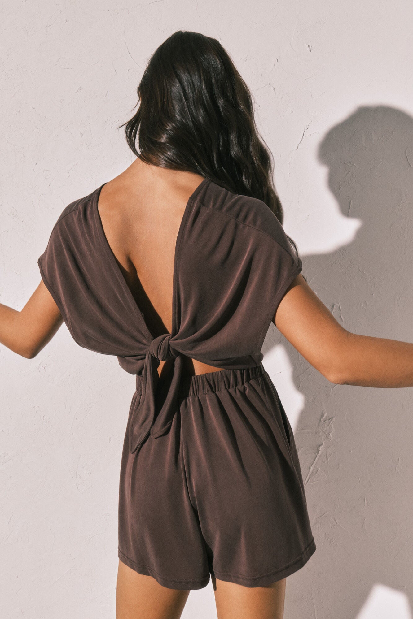 Brown jersey-knit fluid short playsuit