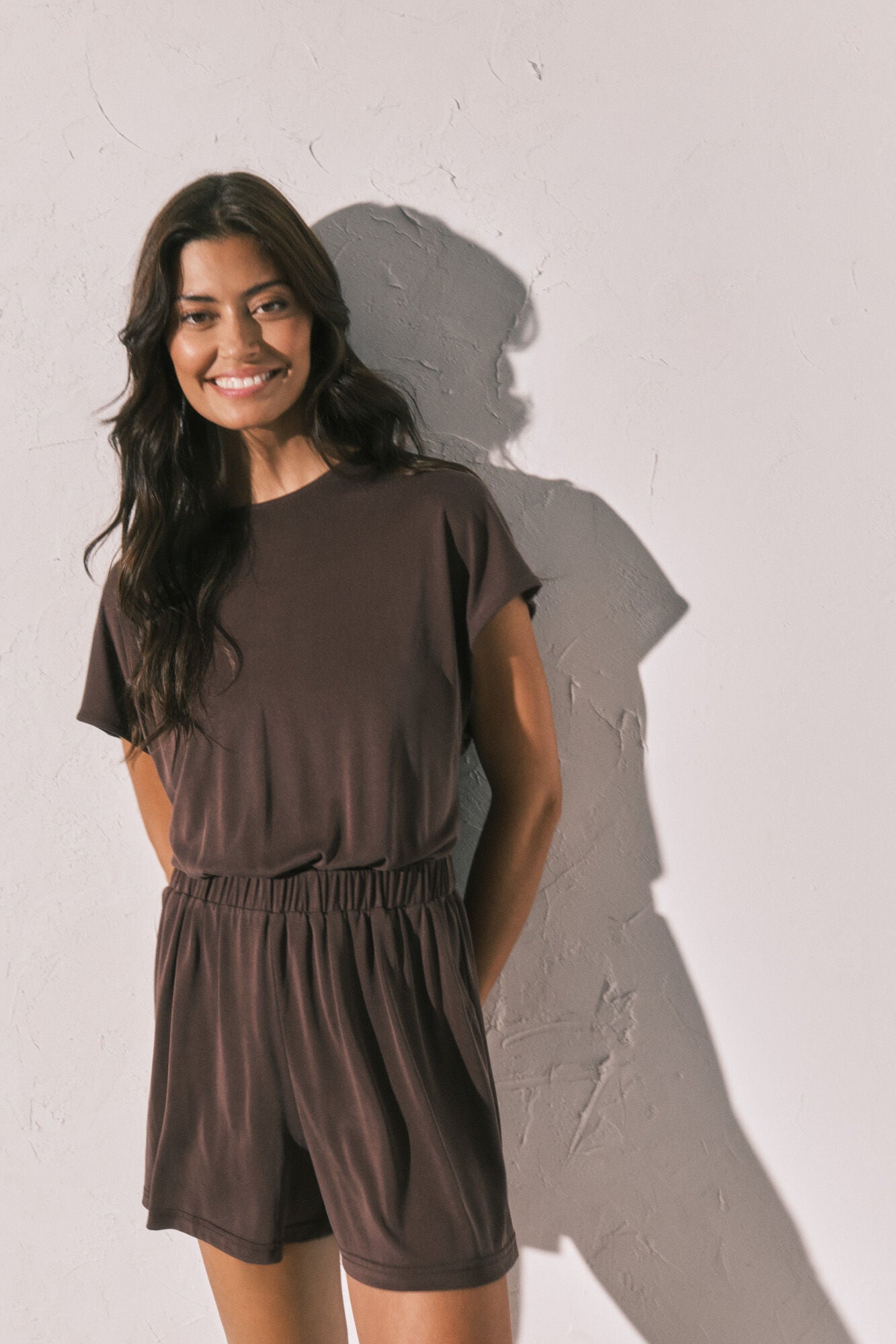 Brown jersey-knit fluid short playsuit