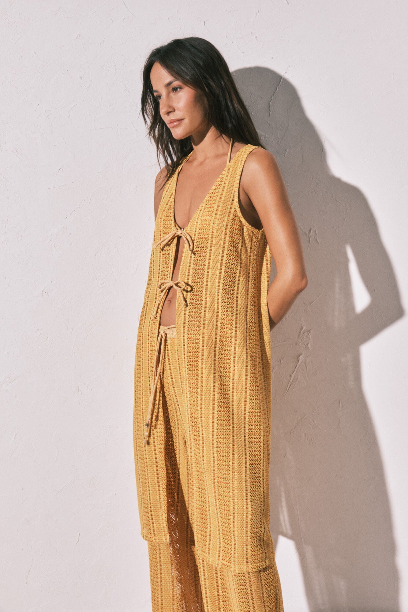 Multicoloured crochet long open tunic