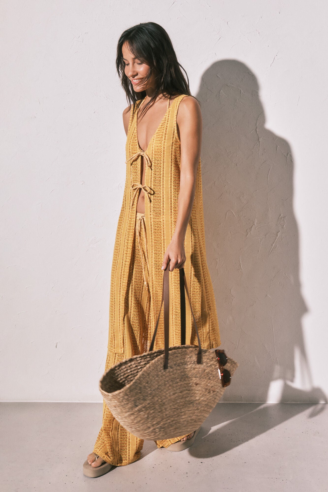 Multicoloured crochet long open tunic