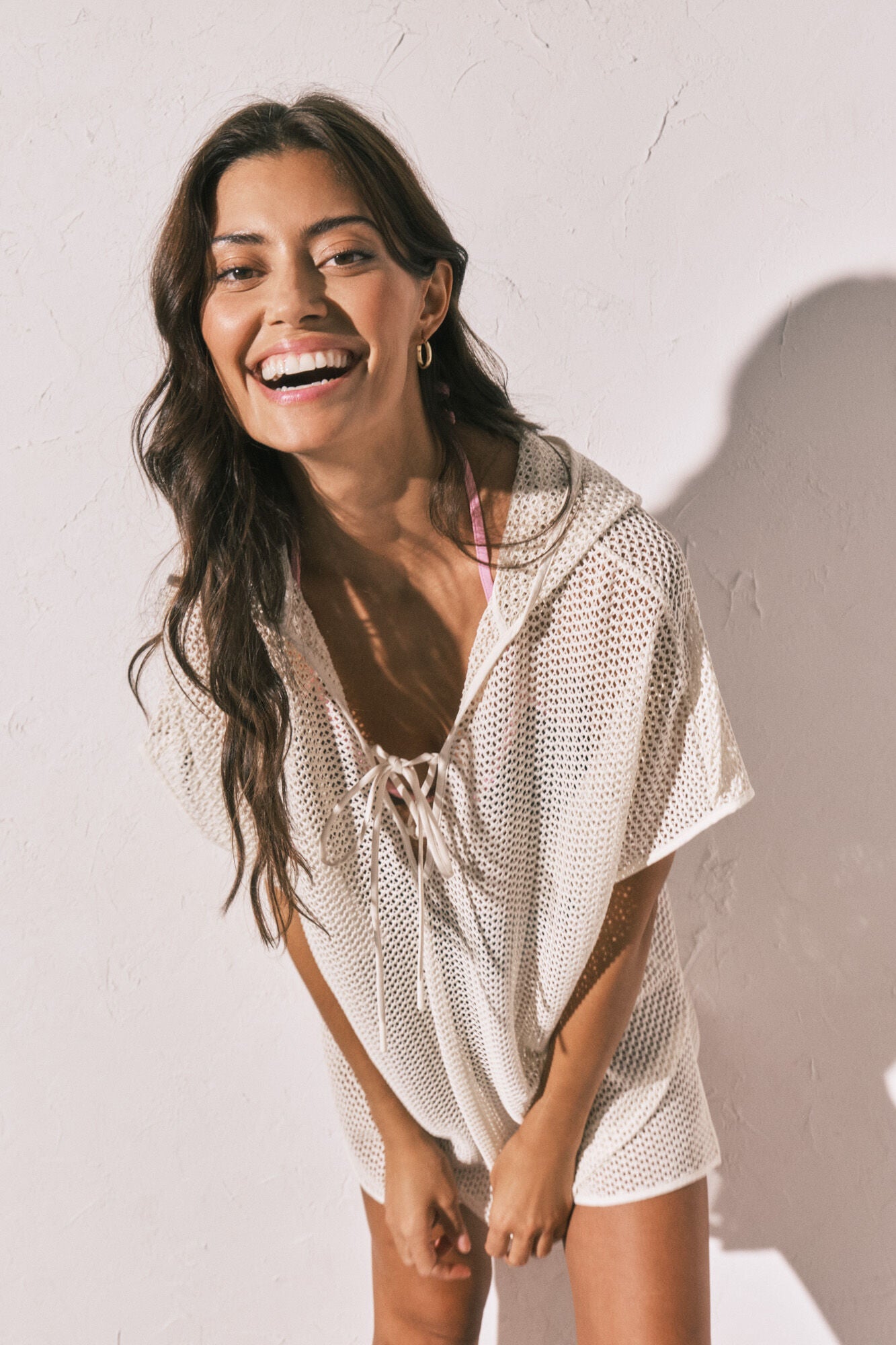 Beige short hooded mesh effect tunic