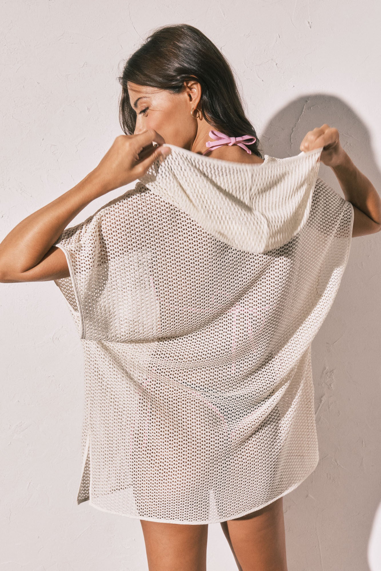 Beige short hooded mesh effect tunic
