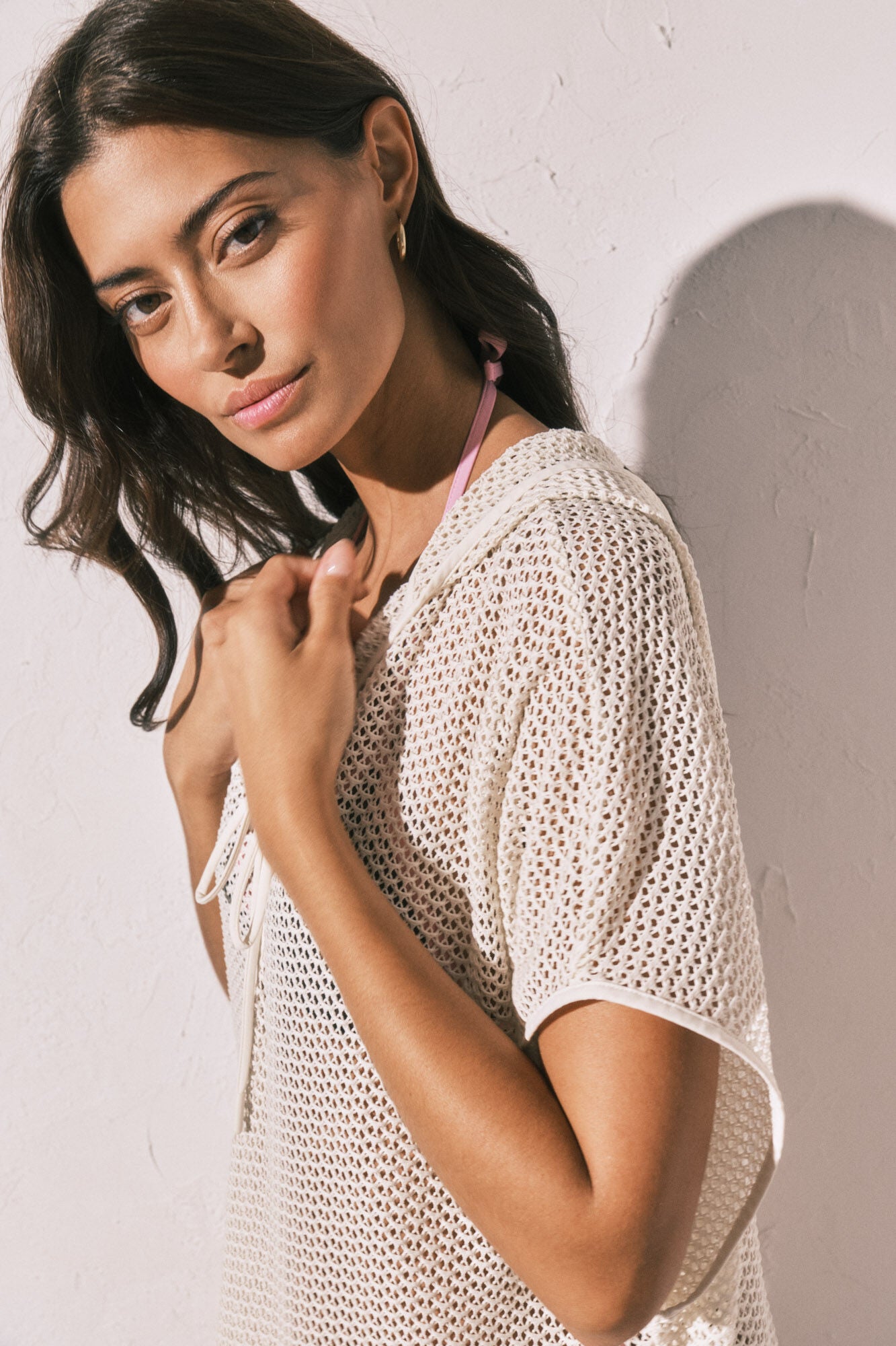 Beige short hooded mesh effect tunic