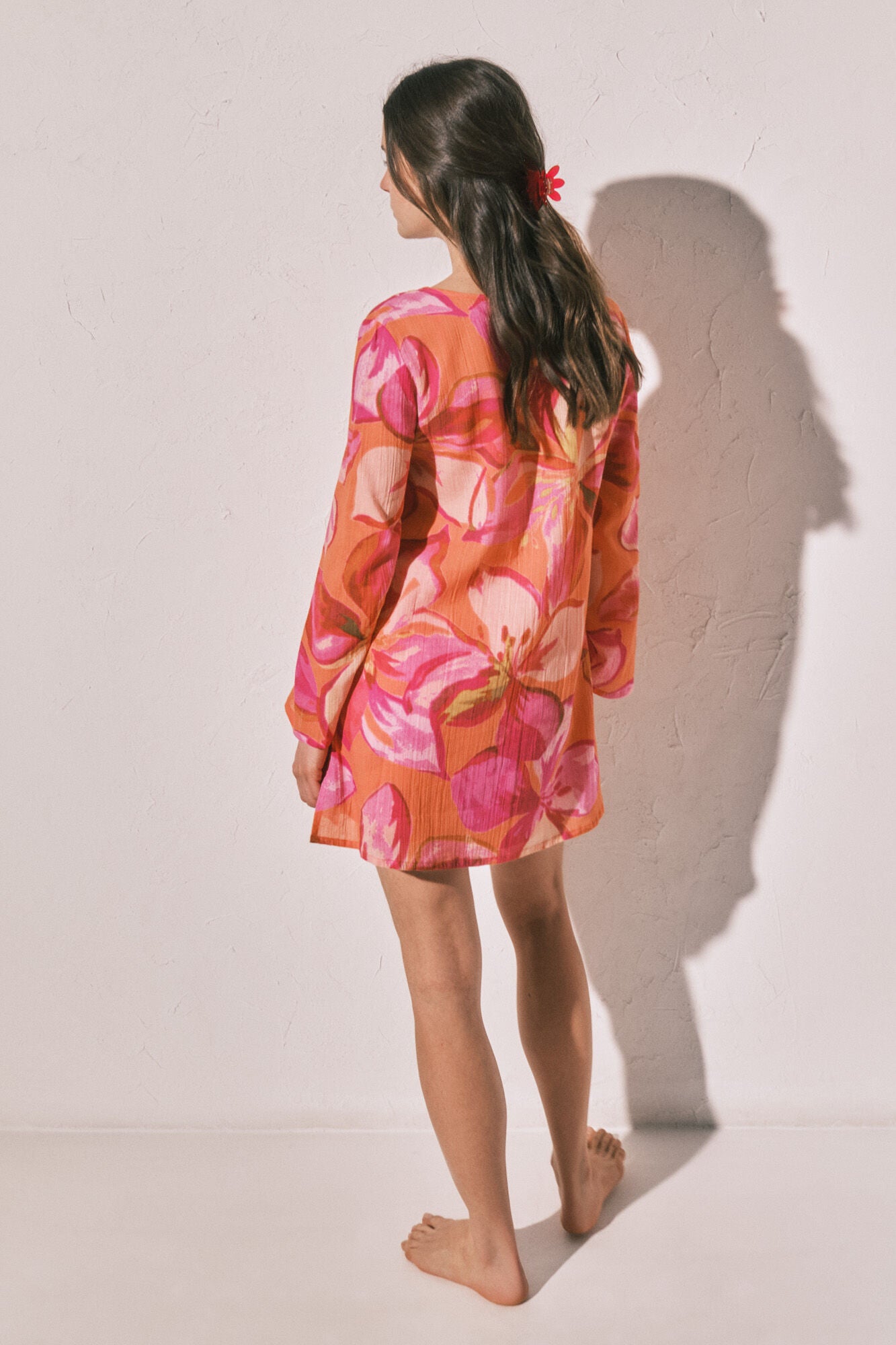 Short tunic dress with maxi floral print